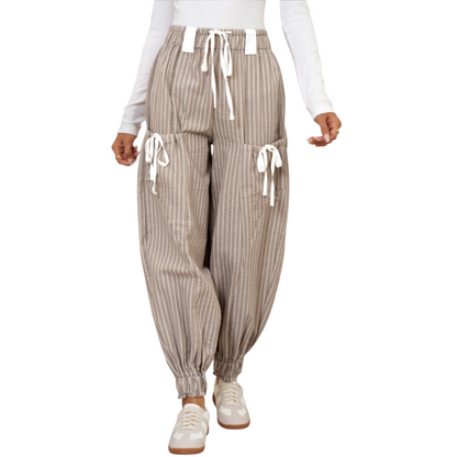 Striped pants with drawstring waist on a white background
