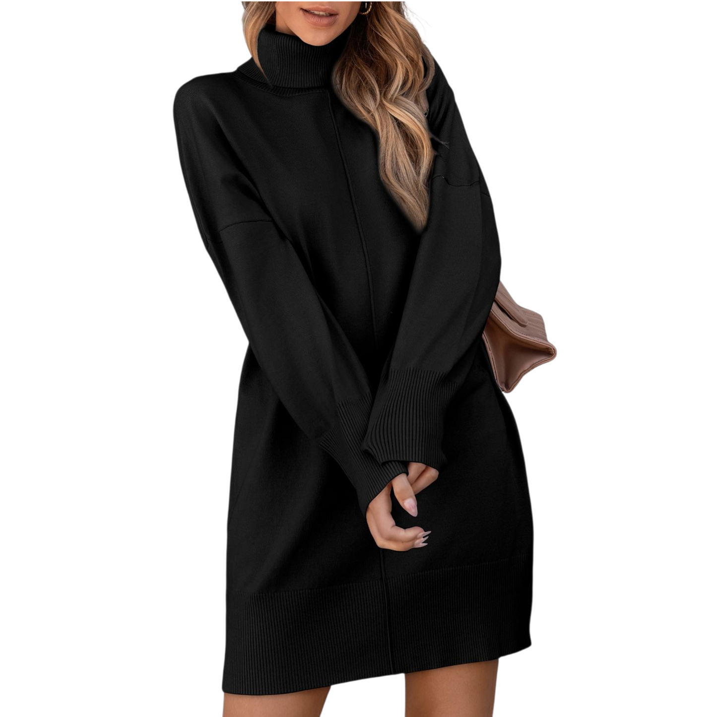 Black sweater dress worn by a model on a white background