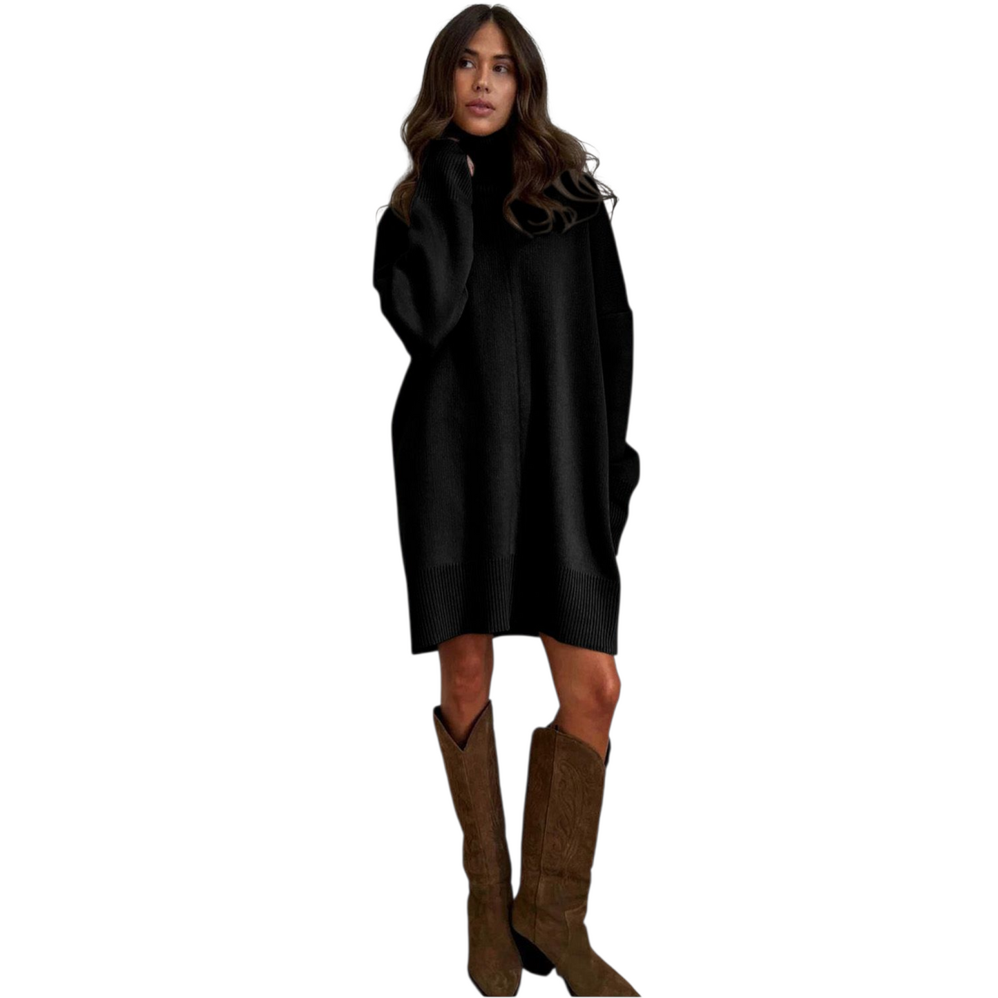 Woman wearing a black dress and brown boots on a white background