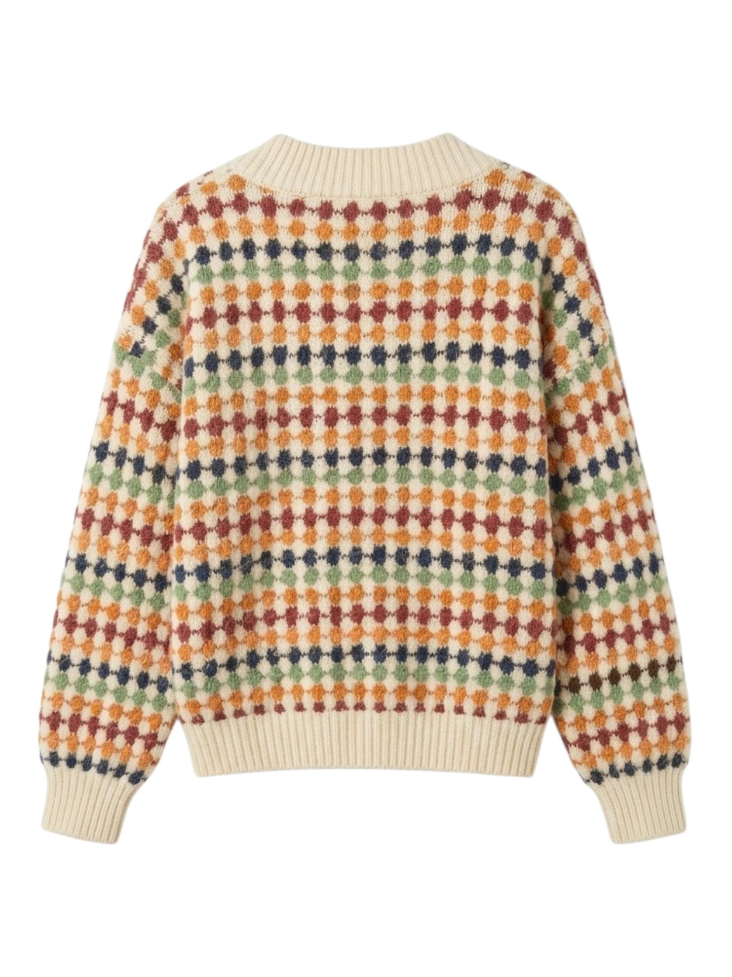 A cream-colored knit sweater with a retro pattern of horizontal stripes in orange, green, red, and navy, featuring ribbed cuffs and hem.