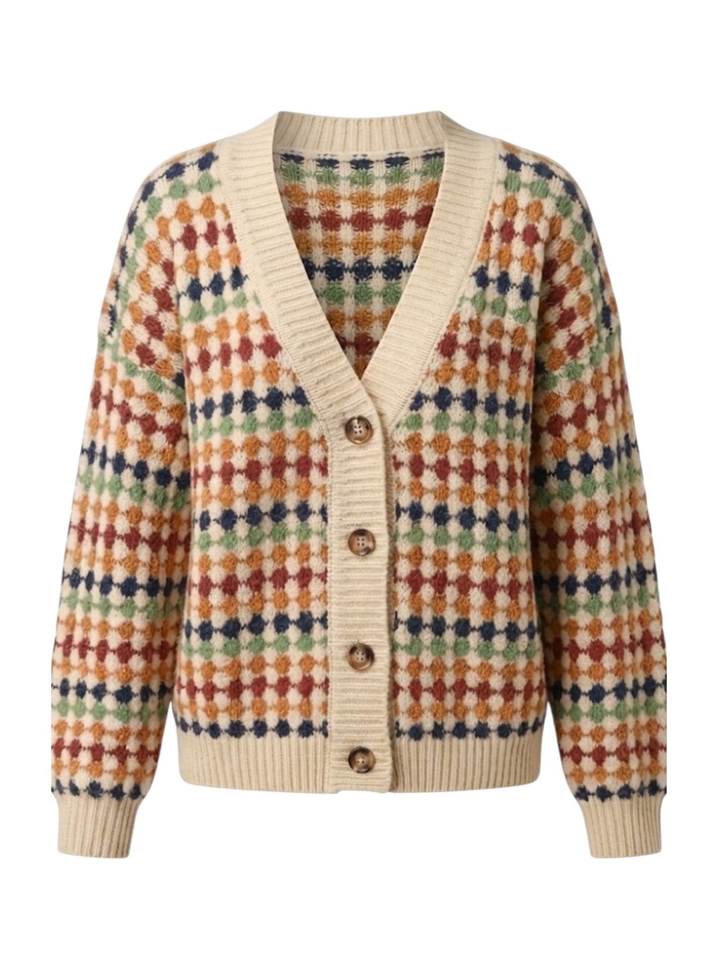 A long-sleeve knit cardigan sweater with a V-neck, ribbed trim, and brown buttons, featuring a multicolor geometric diamond pattern on a cream base.