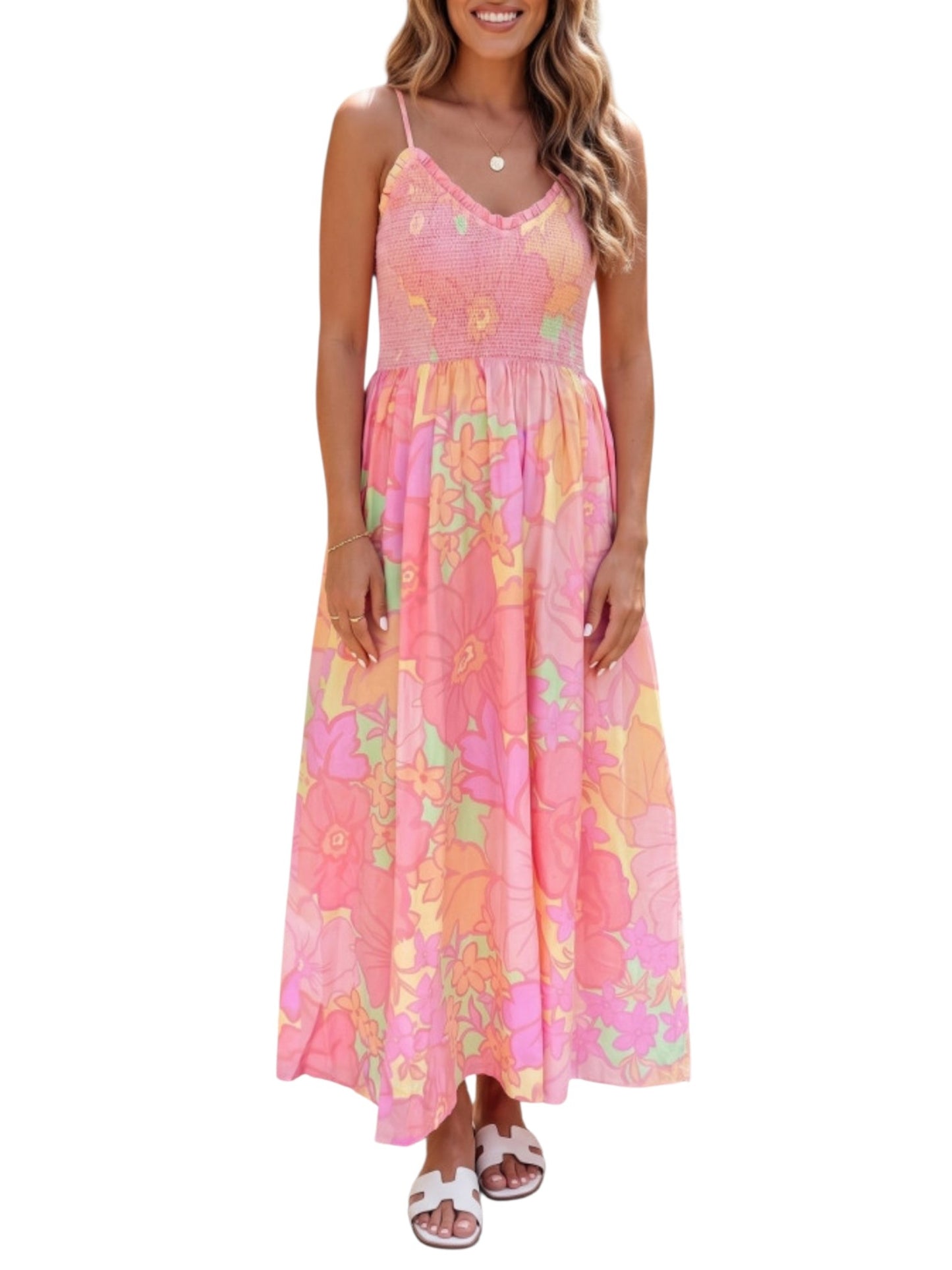 Woman wearing a pink floral dress on a white background