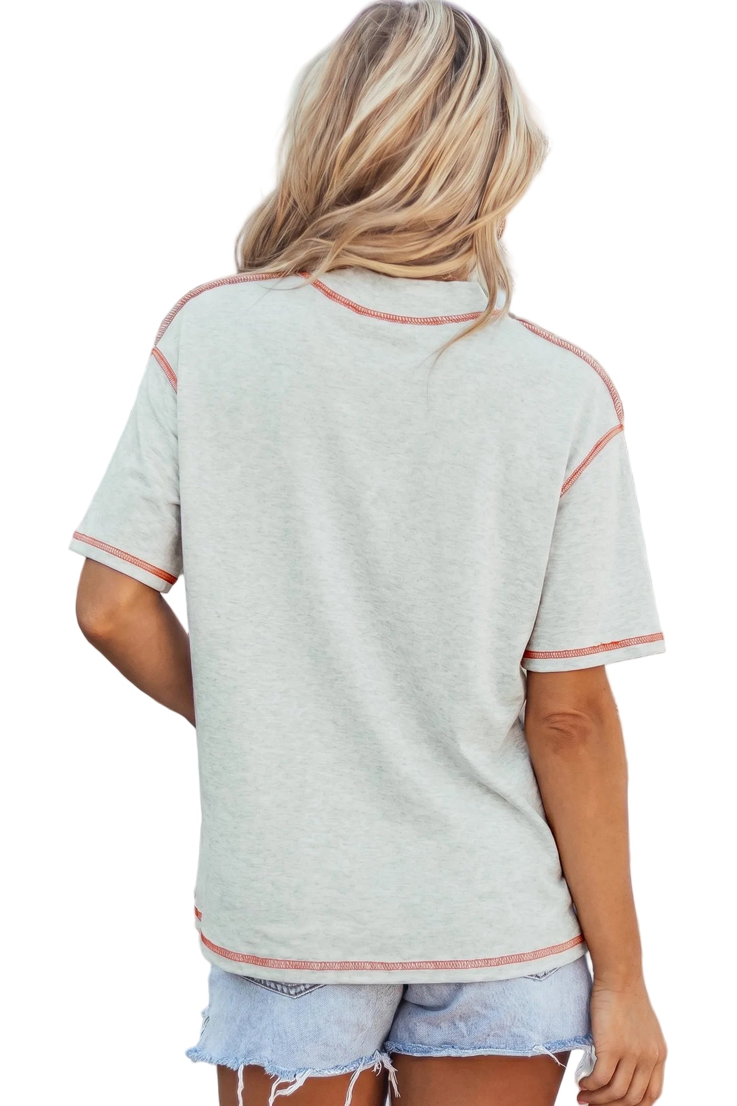 Rear view of a woman wearing a grey marle high-stretch cotton t-shirt highlighting the clean mock neckline and red contrast stitching detail.