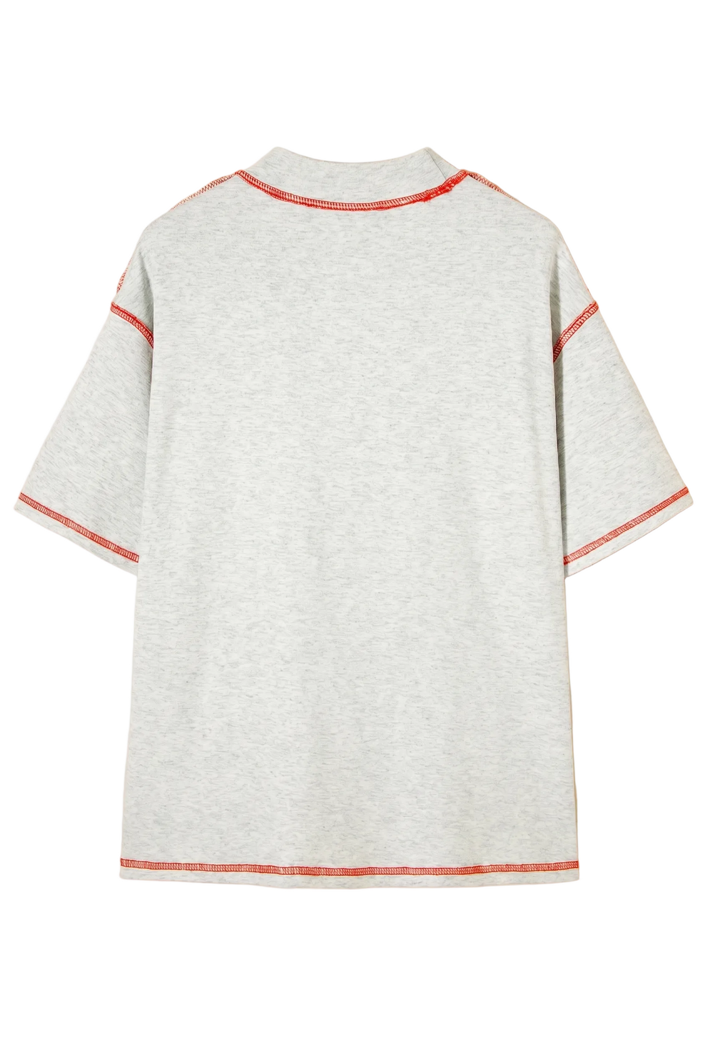 Rear view of the grey marle reversible t-shirt showcasing the loose shift silhouette and structural flatlock contrast seams.