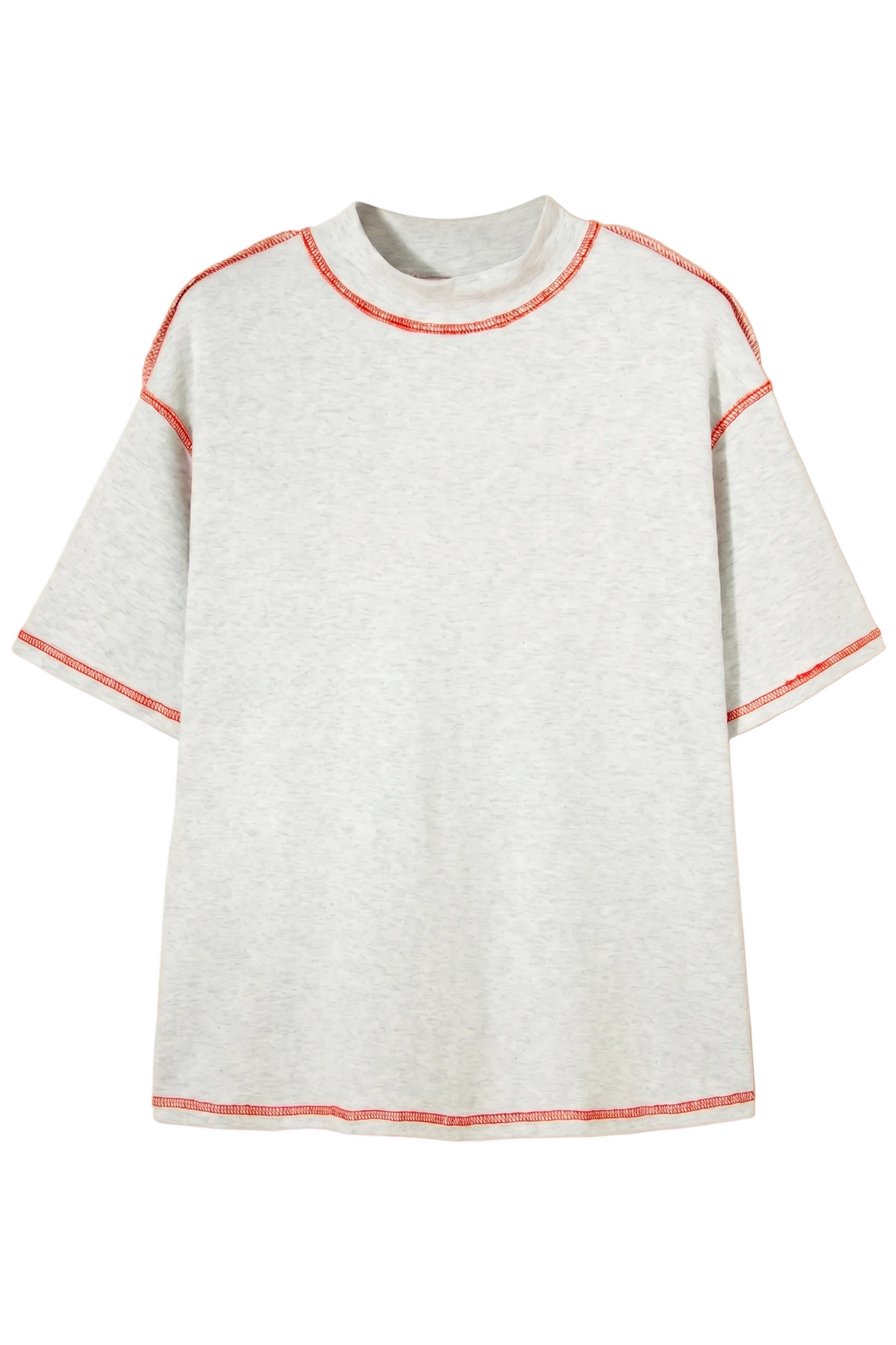 Studio hanger shot of a grey marle high-stretch cotton t-shirt highlighting the clean mock neckline and red contrast stitching detail.