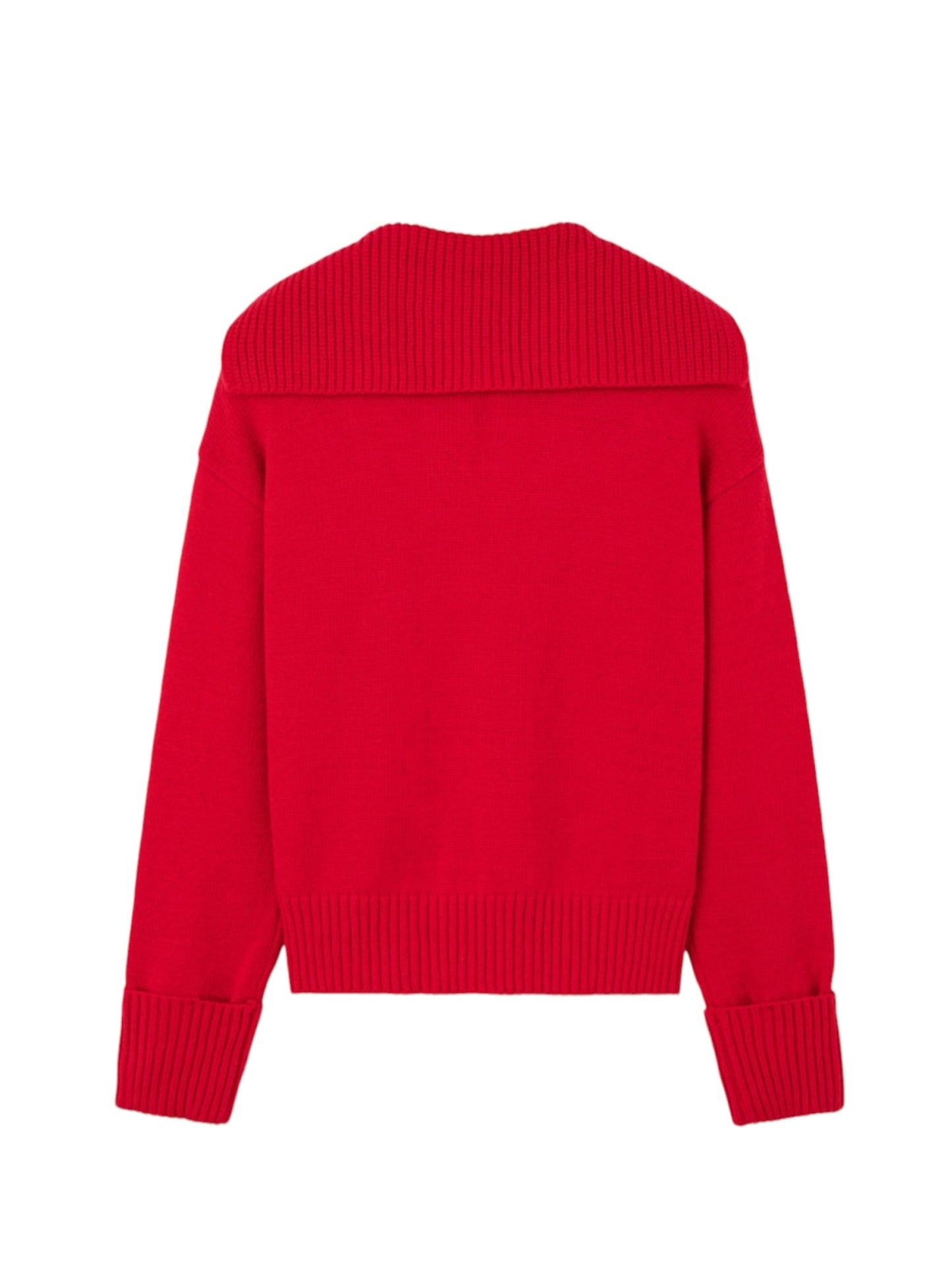 A bright red knit sweater shown from the back, featuring a wide ribbed yoke, long sleeves, and ribbed cuffs and hem, displayed on a clean white background.