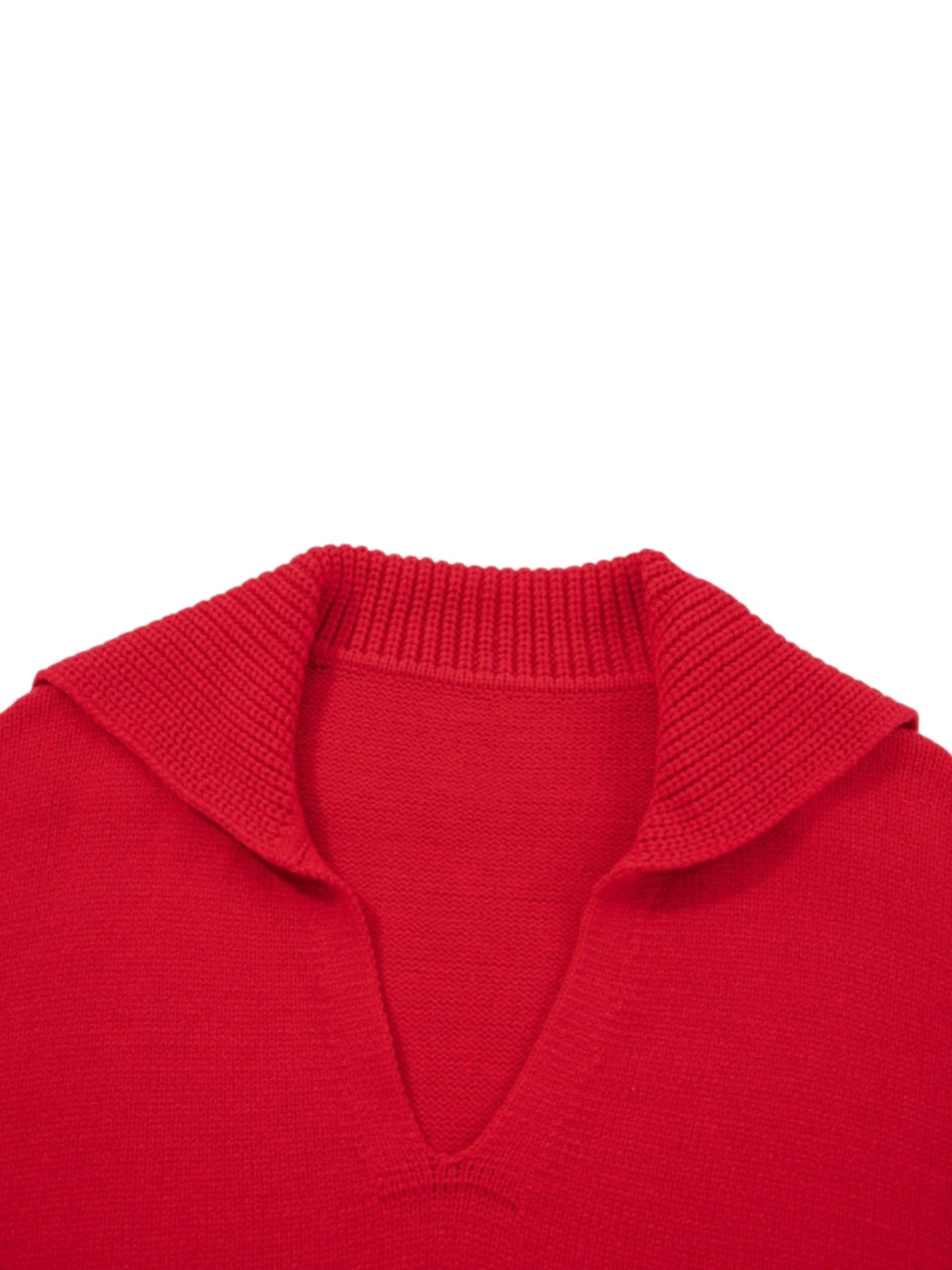 Close-up of a bright red knit sweater with a wide ribbed collar and V-neck opening, shown against a plain white background.