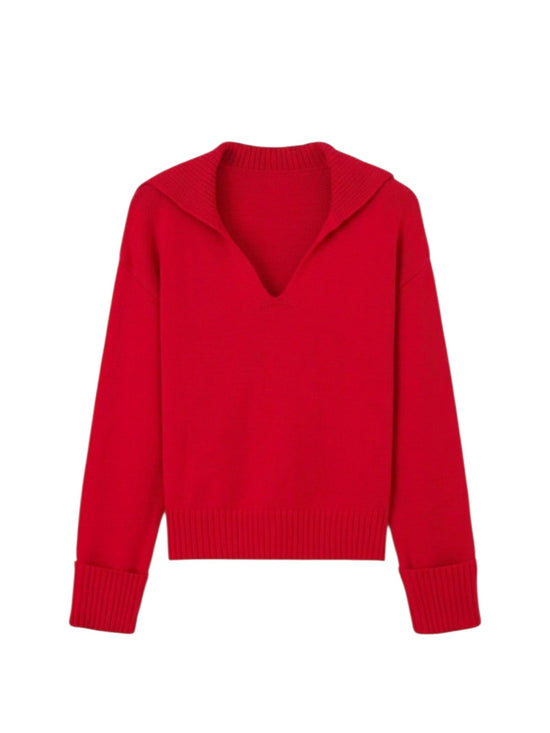 A bright red knit sweater with a wide collar and ribbed cuffs, displayed against a plain white background.