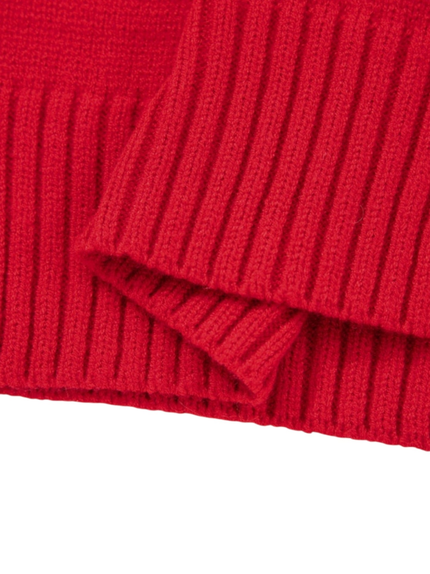 A close-up of a bright red ribbed knit fabric, showing the texture and folded layers of the material against a plain white background.