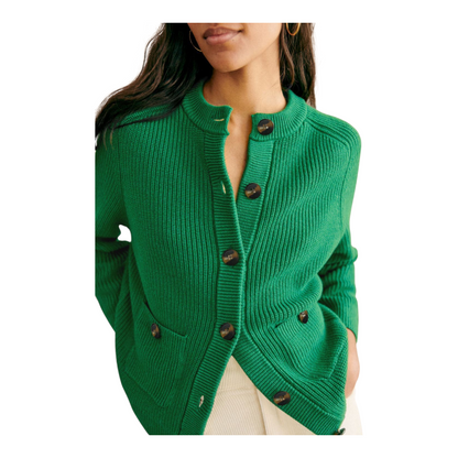 Green cardigan with brown buttons on a white background