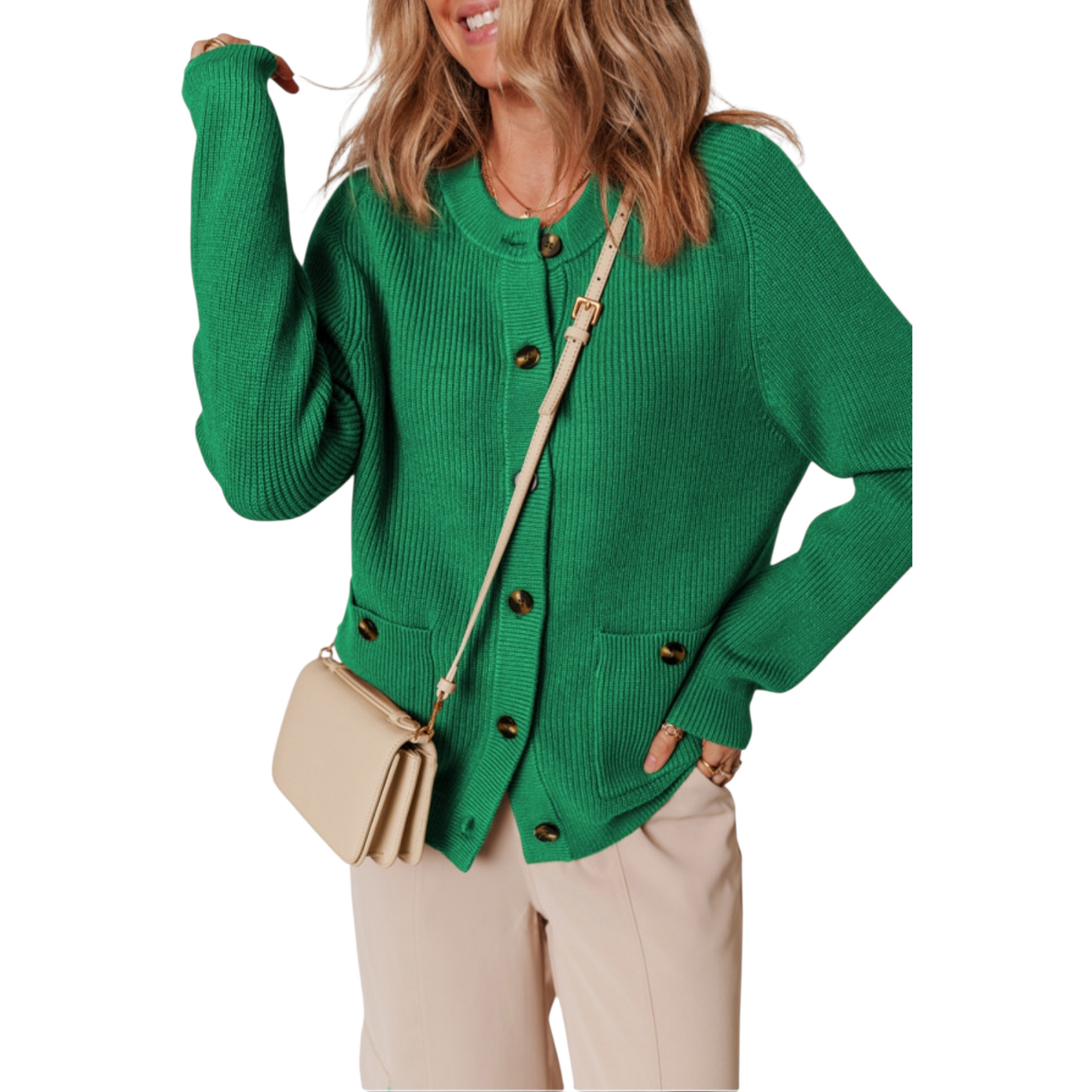 Woman wearing a green cardigan with black buttons on a white background