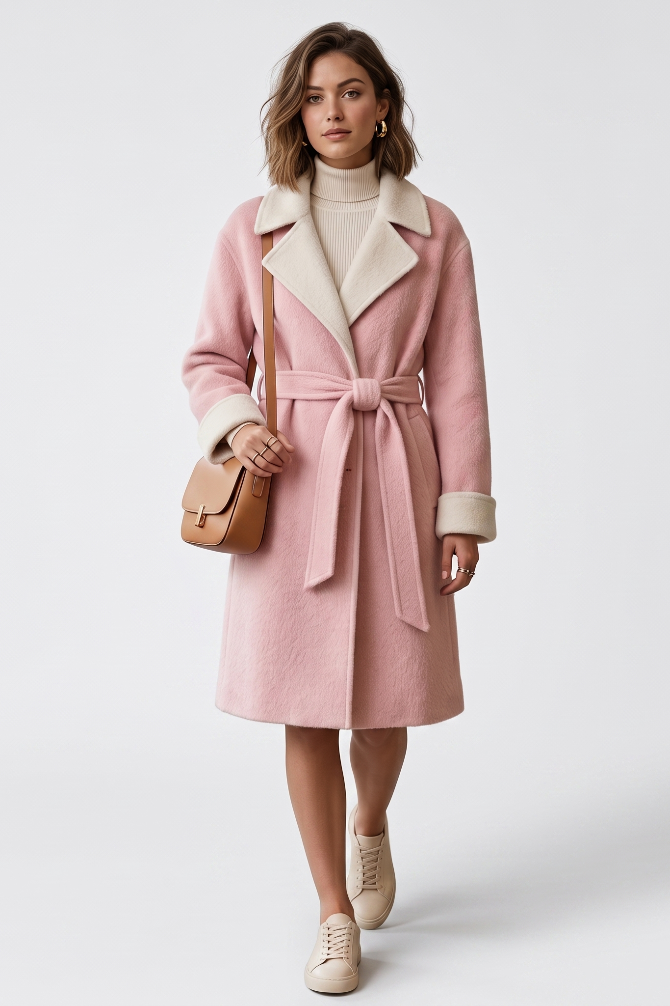 Woman wearing a pink coat with a white collar and cuffs, holding a brown handbag on a light gray background.