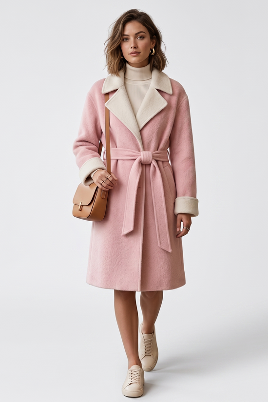 Woman wearing a pink coat with a white collar and cuffs, holding a brown handbag on a light gray background.