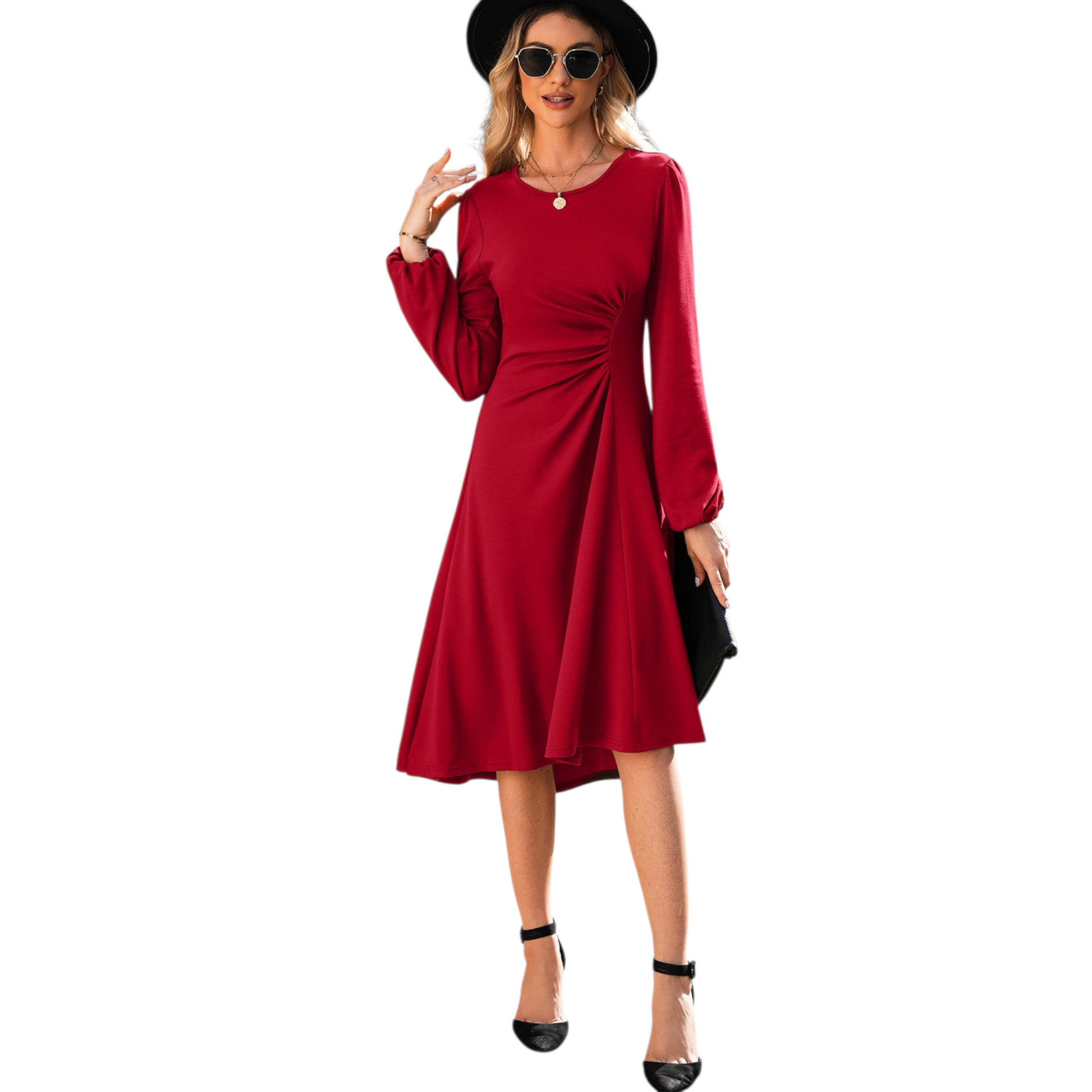 Woman wearing a red dress with long sleeves on a white background