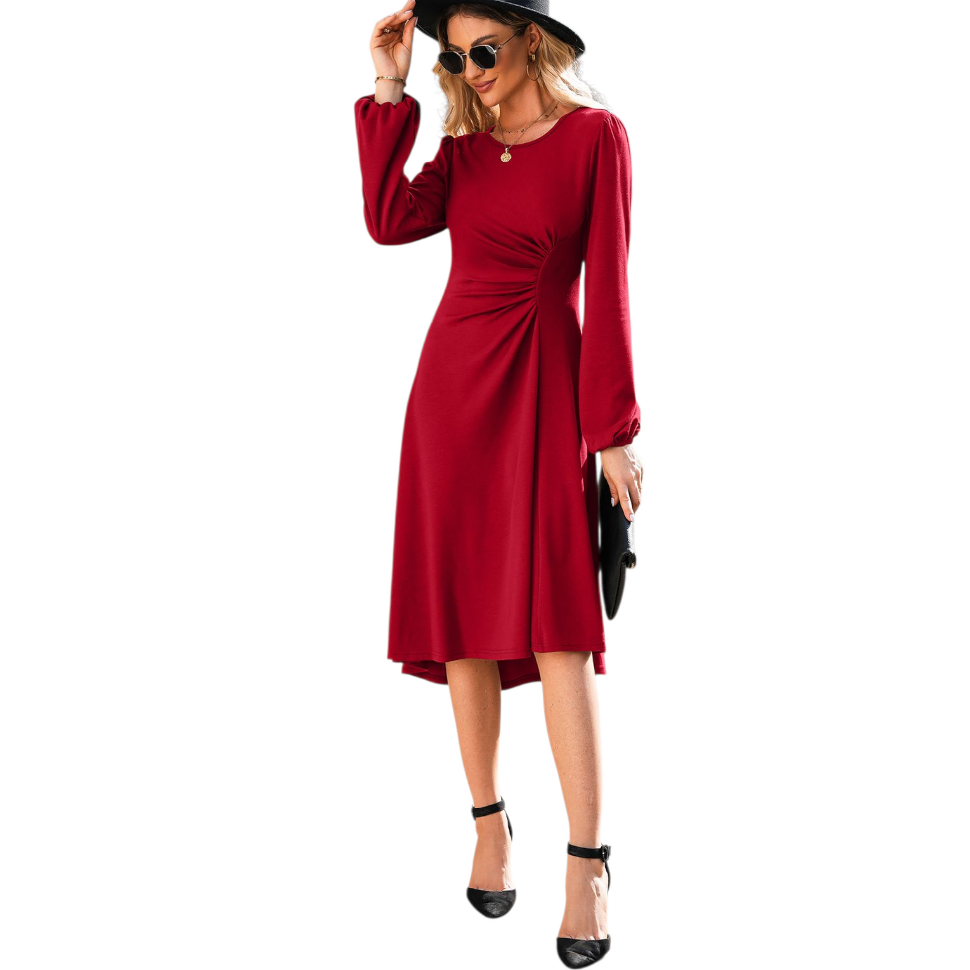 Woman wearing a red dress with long sleeves on a white background