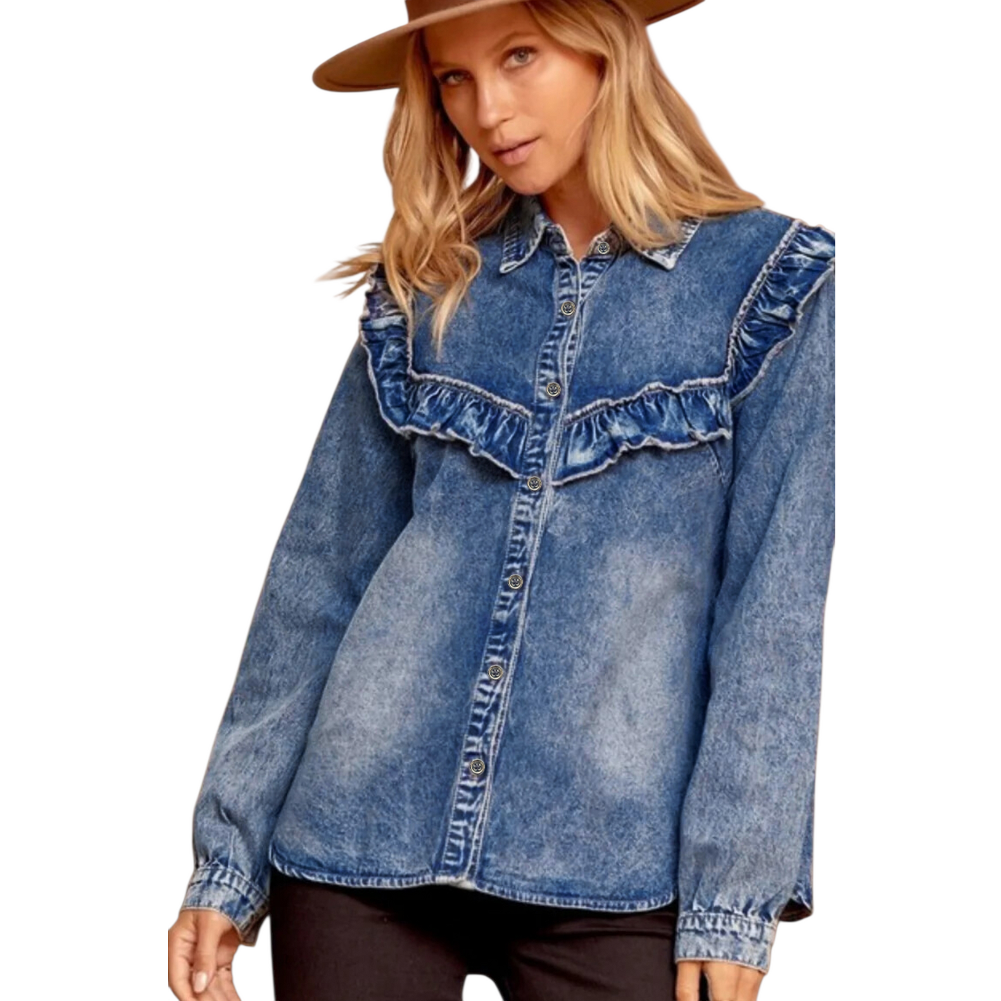 Woman wearing a light blue vintage wash denim shirt with ruffle detailing across the chest and a button-down front.