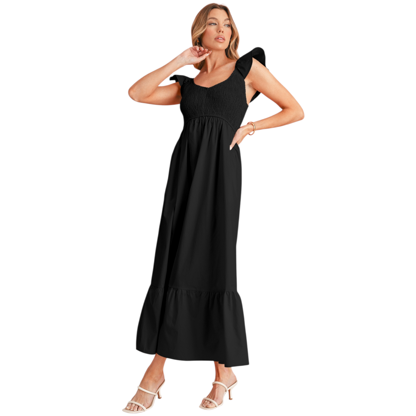 A stylish woman in a black ruffle-sleeve cotton dress with a shirred top, perfect for summer occasions or casual wear.