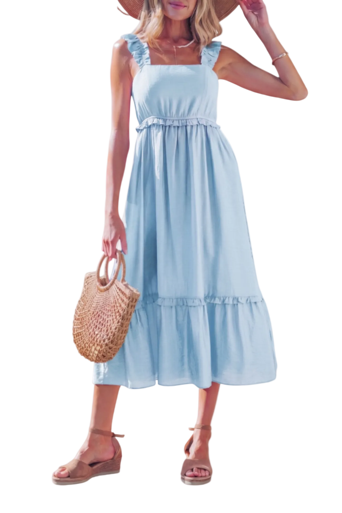 Front view of a sky blue tiered midi dress featuring romantic ruffled wide straps, a square neckline, and a flattering empire waist in a soft viscose blend.