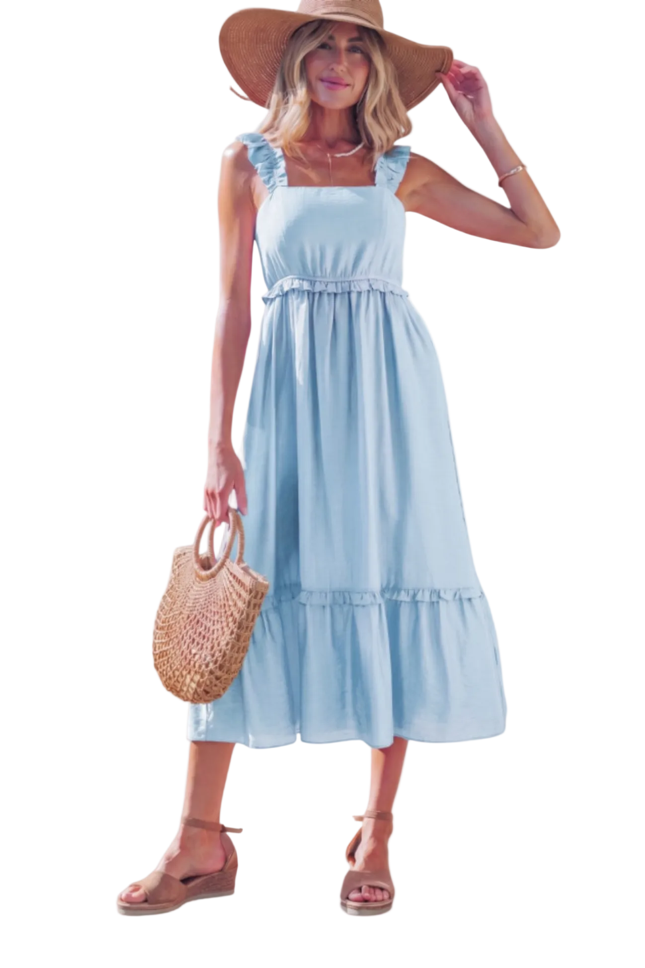 Front view of a sky blue tiered midi dress featuring romantic ruffled wide straps, a square neckline, and a flattering empire waist in a soft viscose blend.