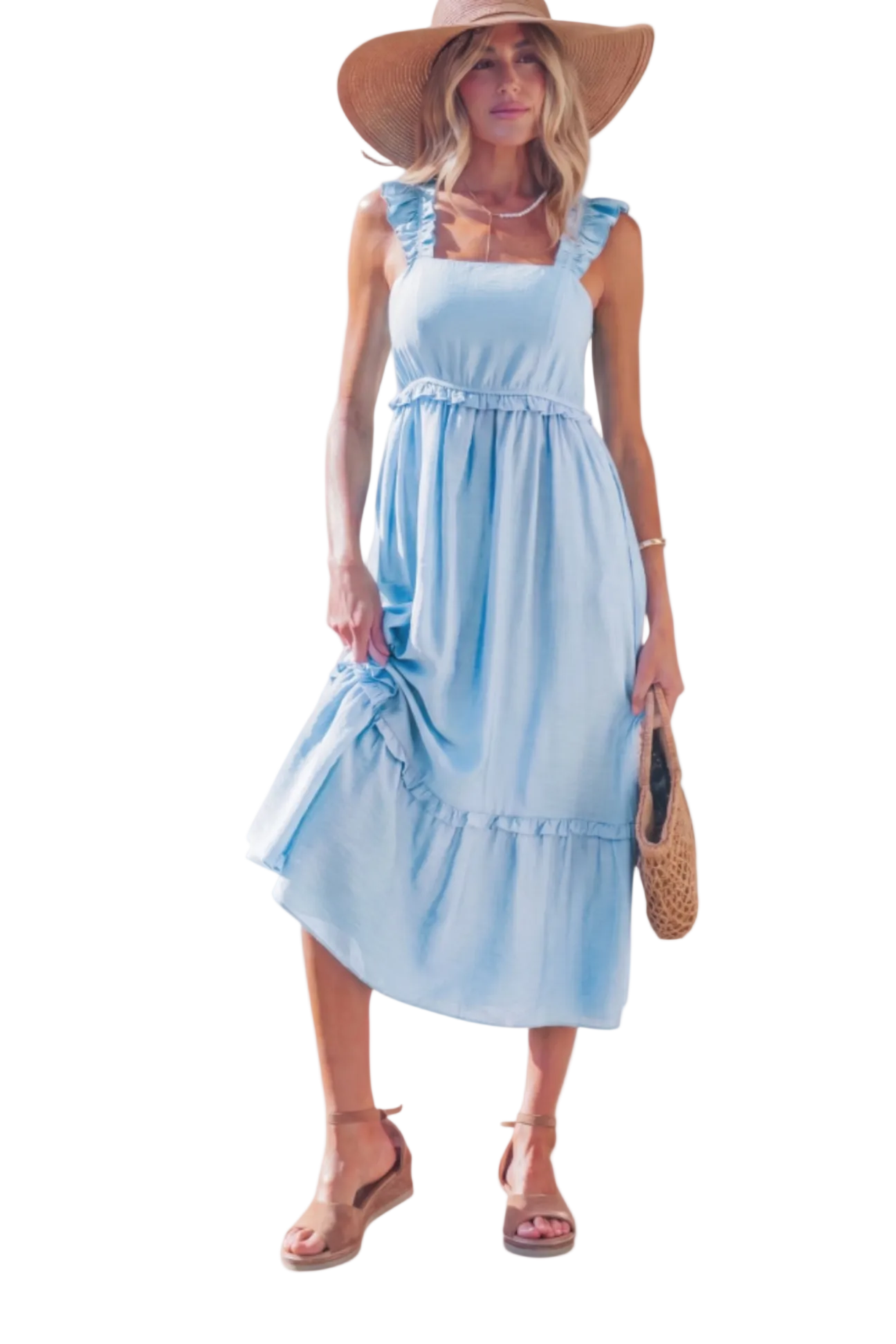 Front view of a sky blue tiered midi dress featuring romantic ruffled wide straps, a square neckline, and a flattering empire waist in a soft viscose blend.