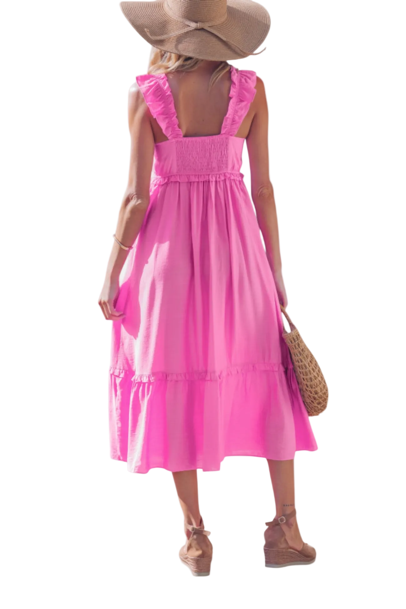 Rear view of a vibrant pink tiered midi dress with ruffled shoulder straps and a high-waist silhouette, perfect for summer weddings or garden parties.