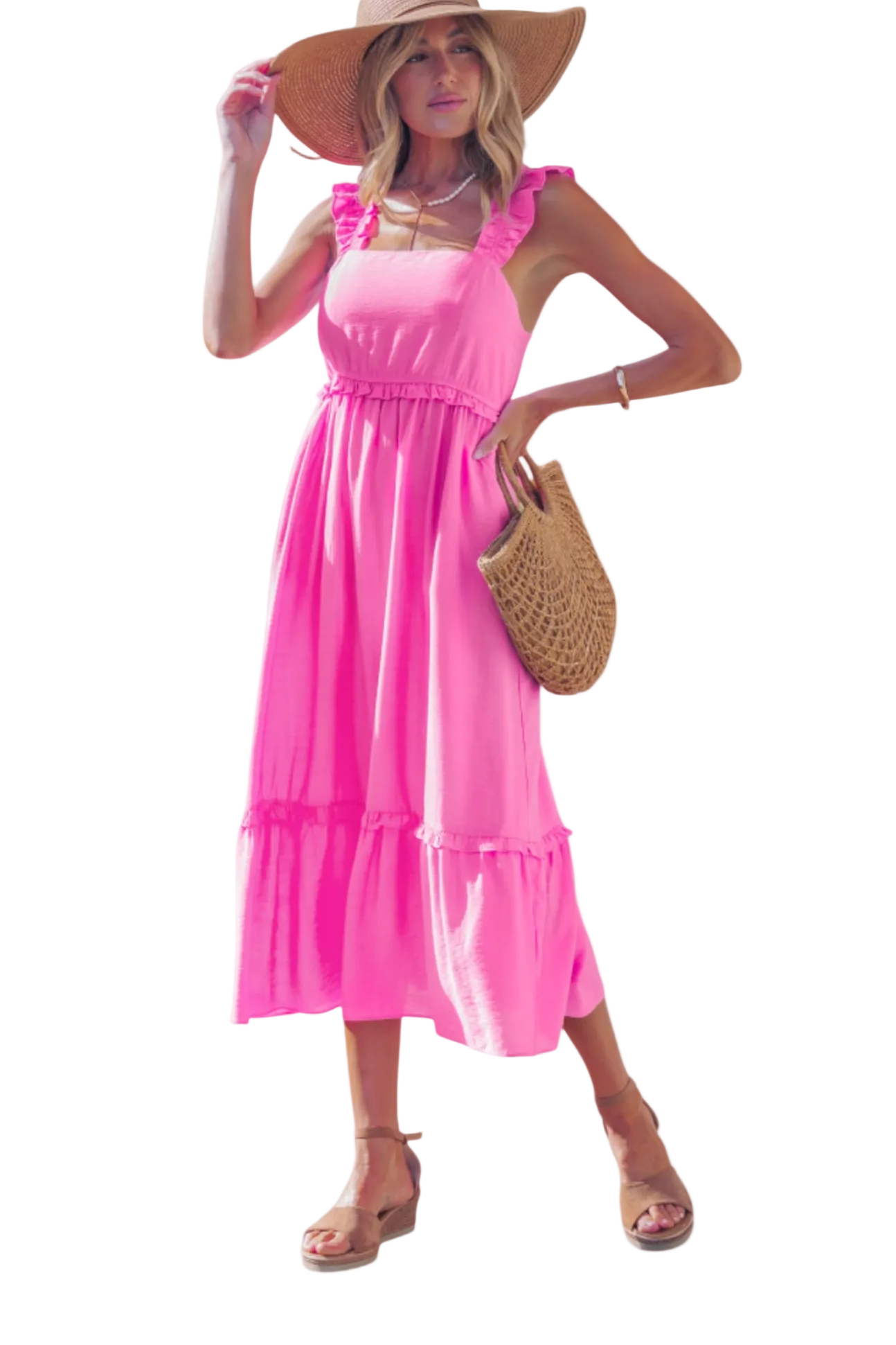 Vibrant pink tiered midi dress with ruffled shoulder straps and a high-waist silhouette, perfect for summer weddings or garden parties.