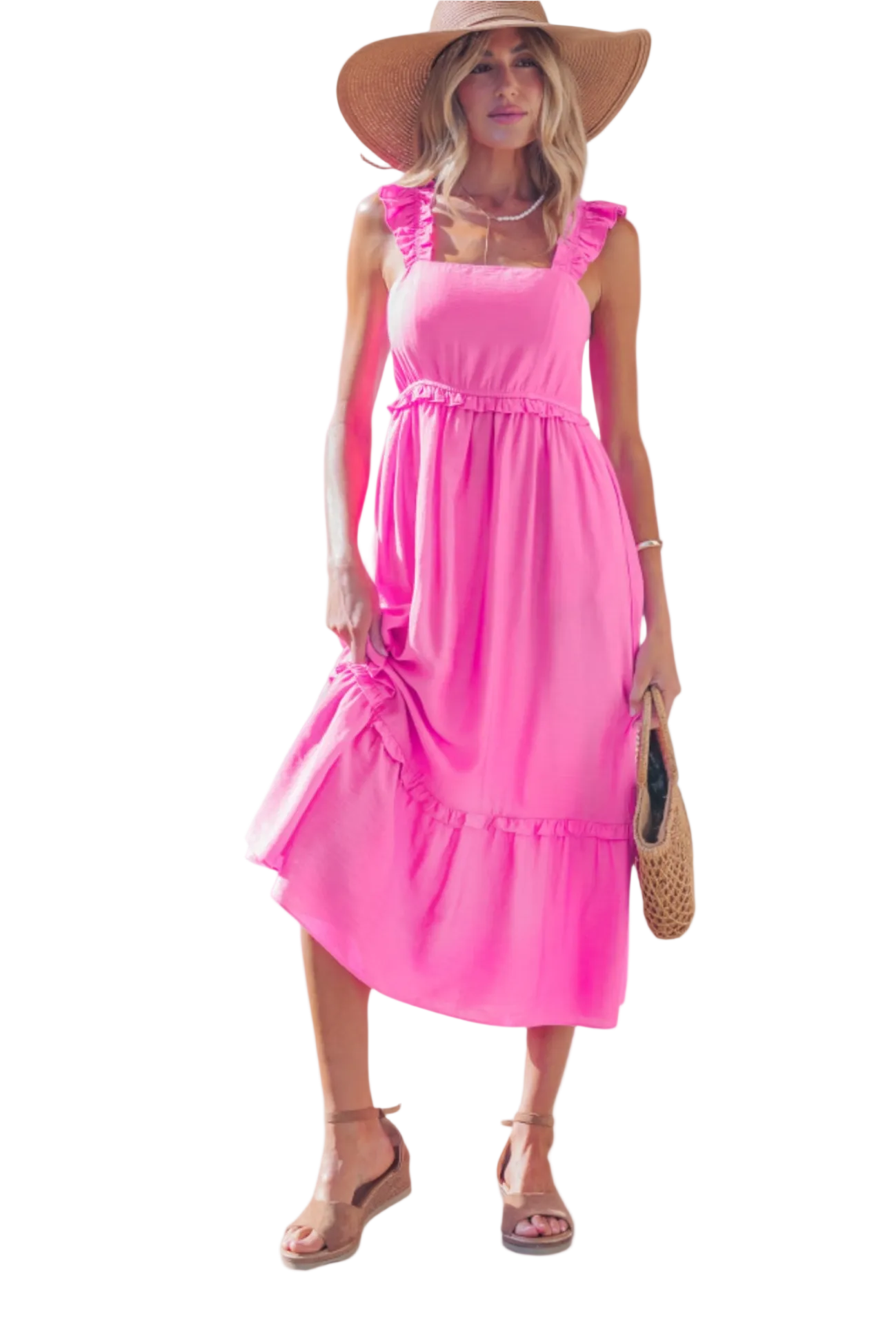 Vibrant pink tiered midi dress with ruffled shoulder straps and a high-waist silhouette, perfect for summer weddings or garden parties.