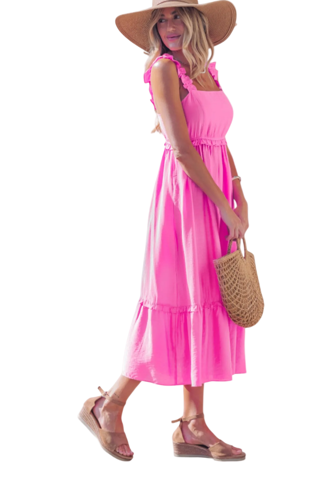 Side profile view of a vibrant pink tiered midi dress with ruffled shoulder straps and a high-waist silhouette, perfect for summer weddings or garden parties.
