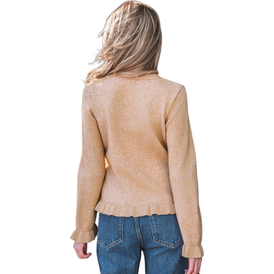 Rear view of a camel knit cardigan for women, showing a relaxed fit with ruffle trim detailing along the hem and cuffs.