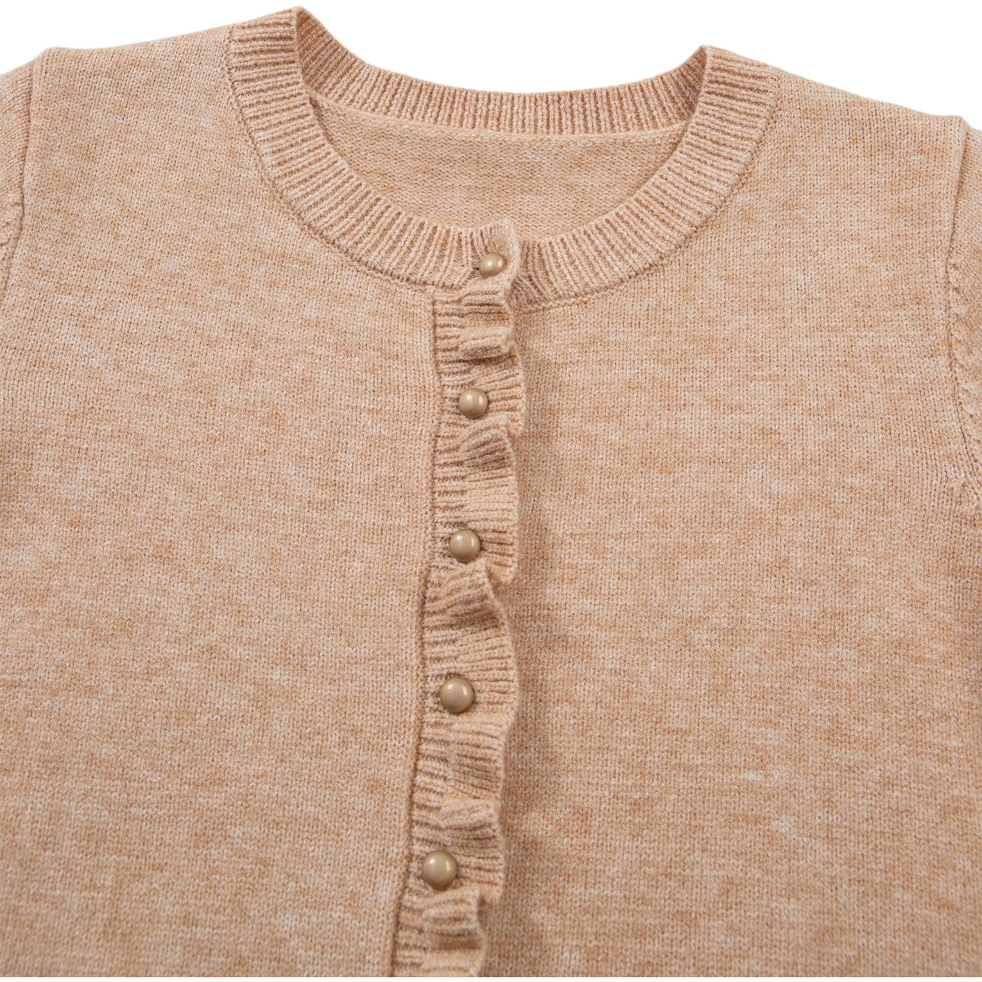 Close-up of a beige knitted cardigan with button details on a white background