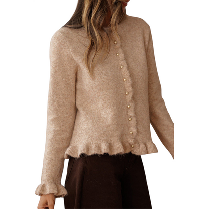 Beige sweater with ruffled hem on a white background