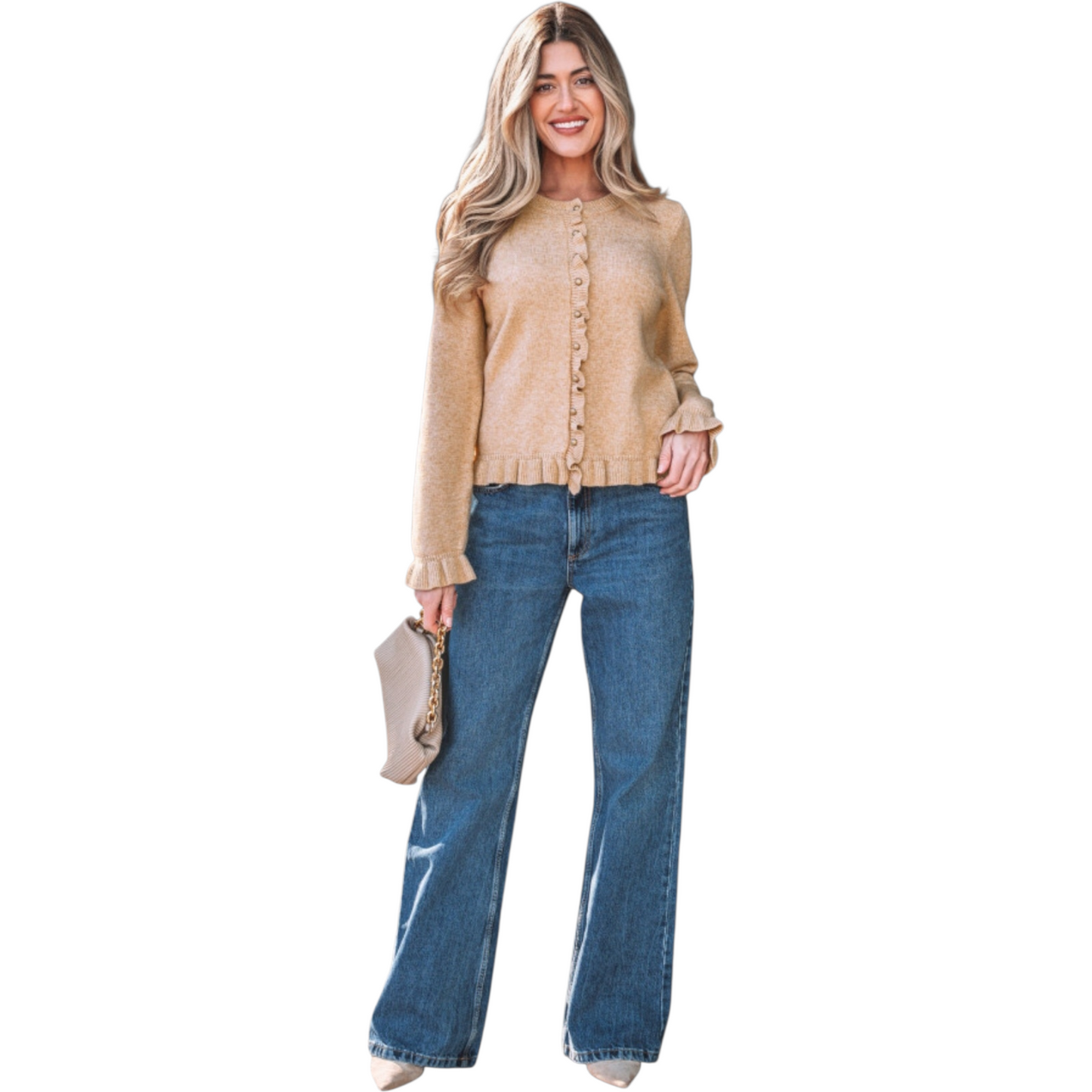Ruffle Trim Gold Button Knit Cardigan