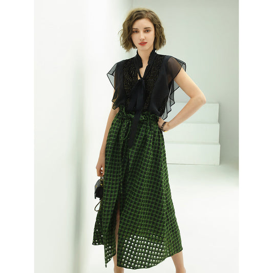 Cocobella Semi Sheer Checkered Green Skirt-0