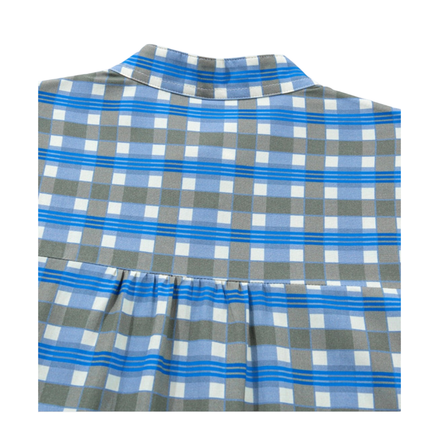 Blue, gray, and white checkered shirt on a white background