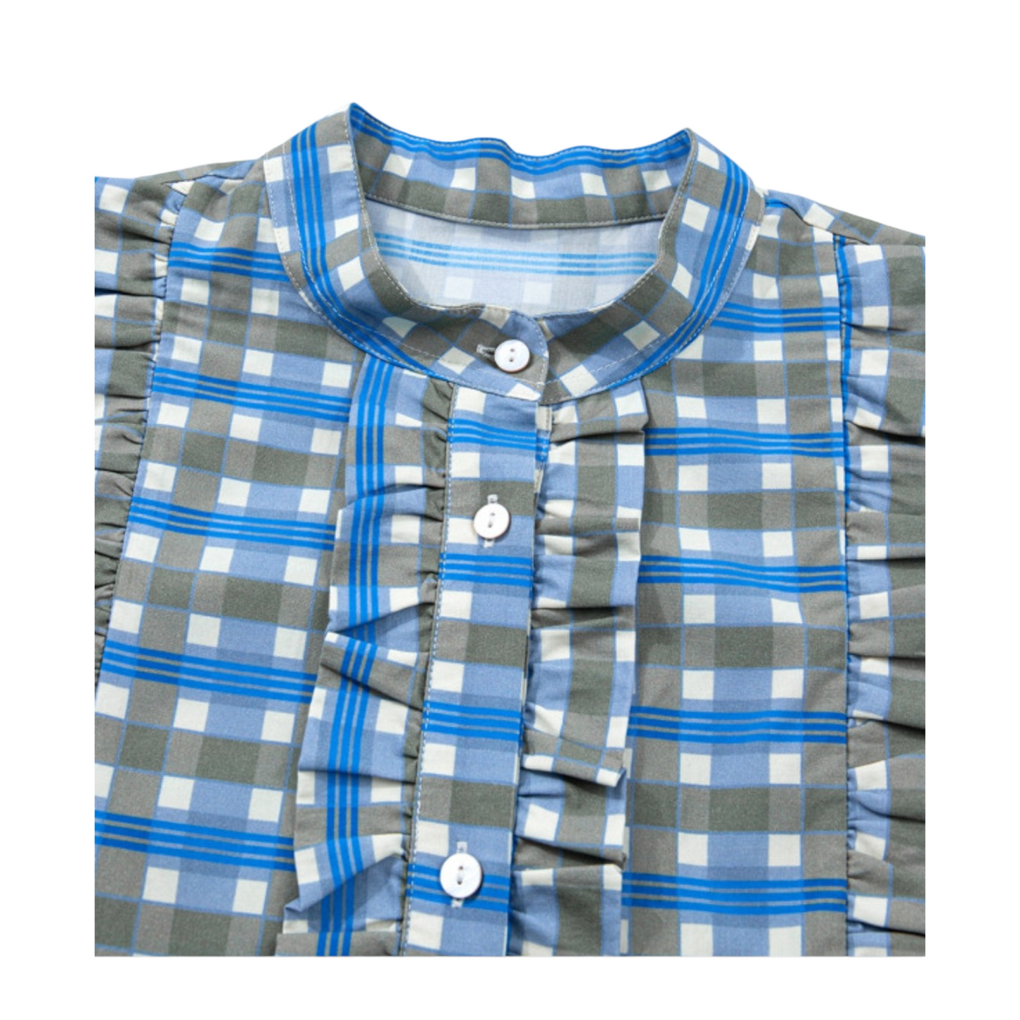 Blue and gray checkered shirt with ruffled collar on a white background