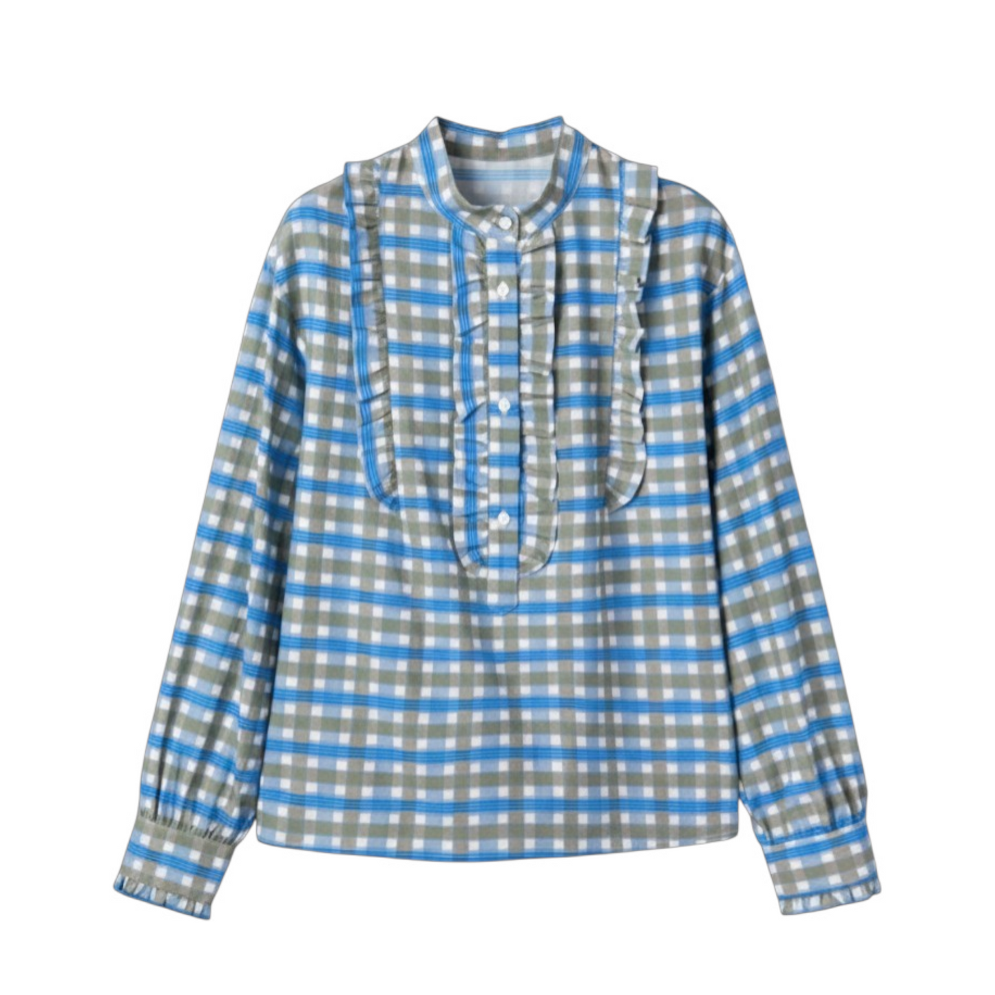 Plaid shirt with blue and gray pattern on a white background