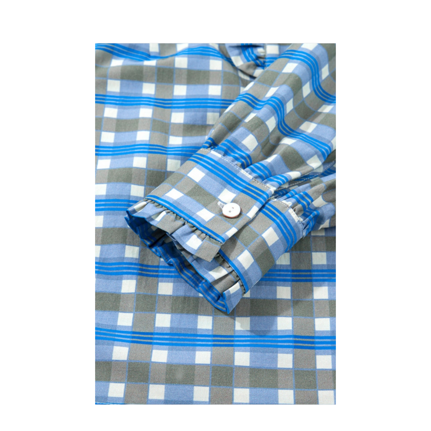 Folded blue and gray checkered fabric on a white background