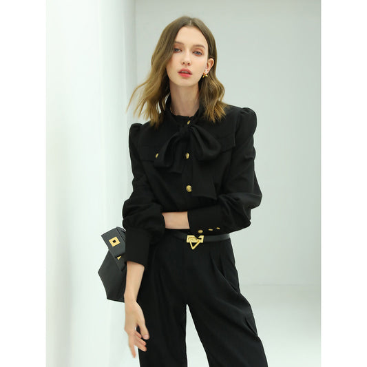 Smart Bow Tie Neck Button Down Black Shirt-0