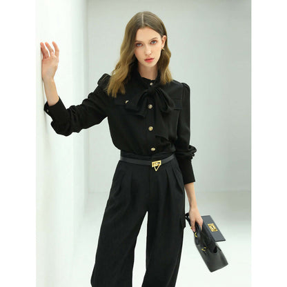Smart Bow Tie Neck Button Down Black Shirt-1