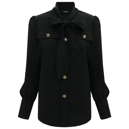 Smart Bow Tie Neck Button Down Black Shirt-3