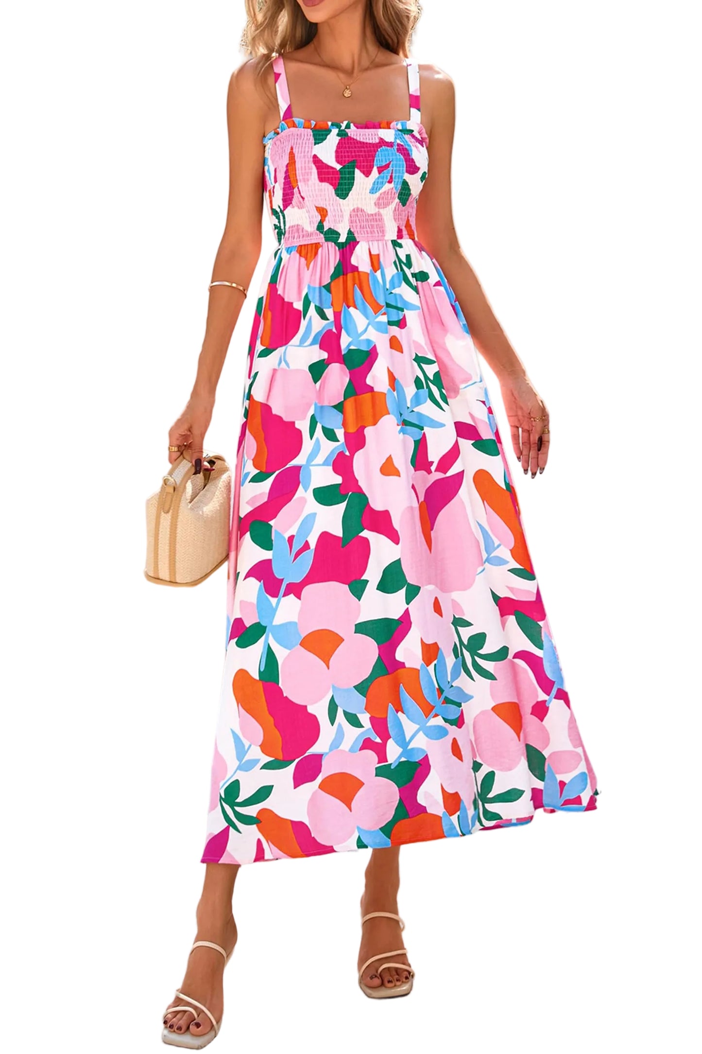 Portrait studio view of the model wearing the bright multi-color botanical camisole maxi dress with neutral sandals.