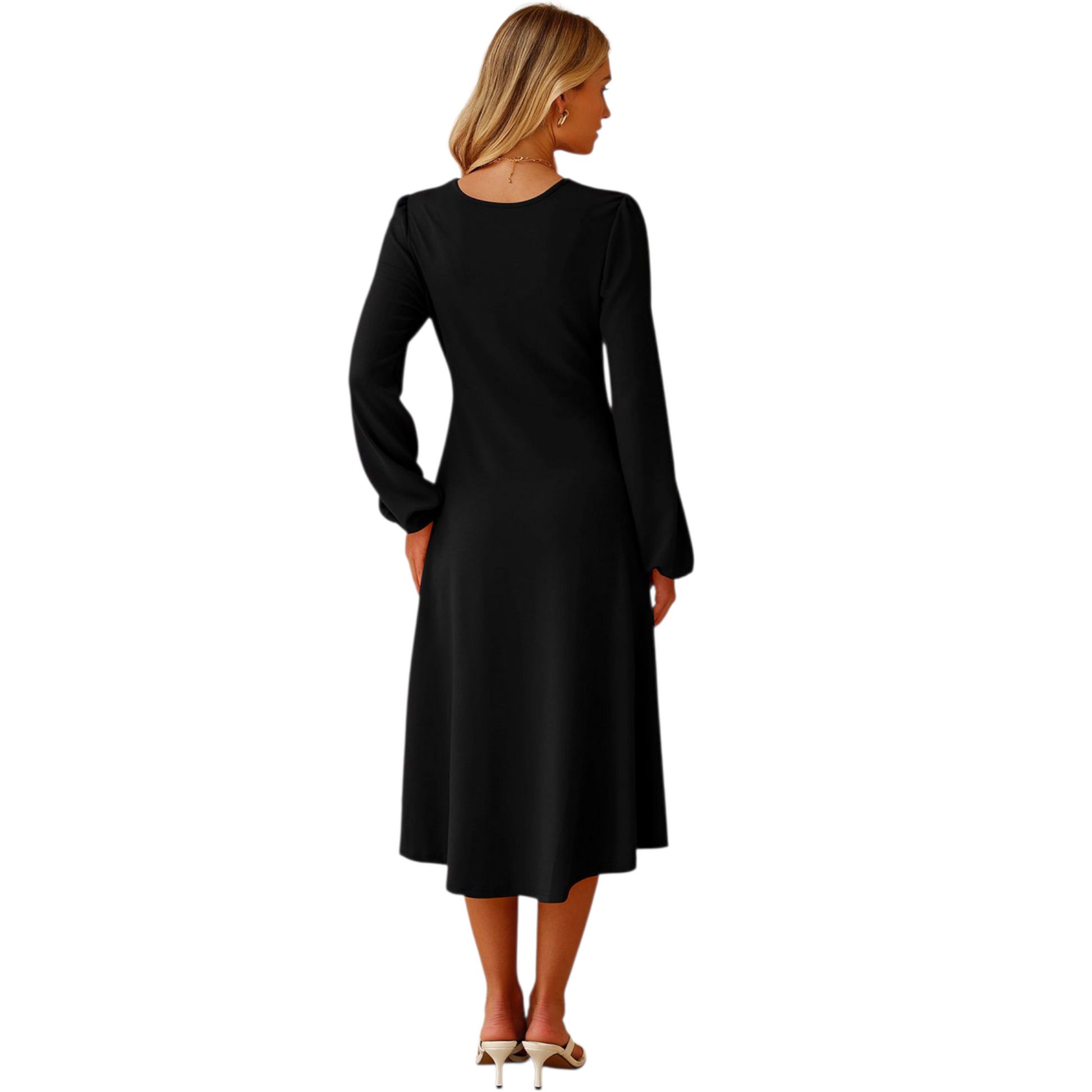 Woman wearing a black dress on a white background
