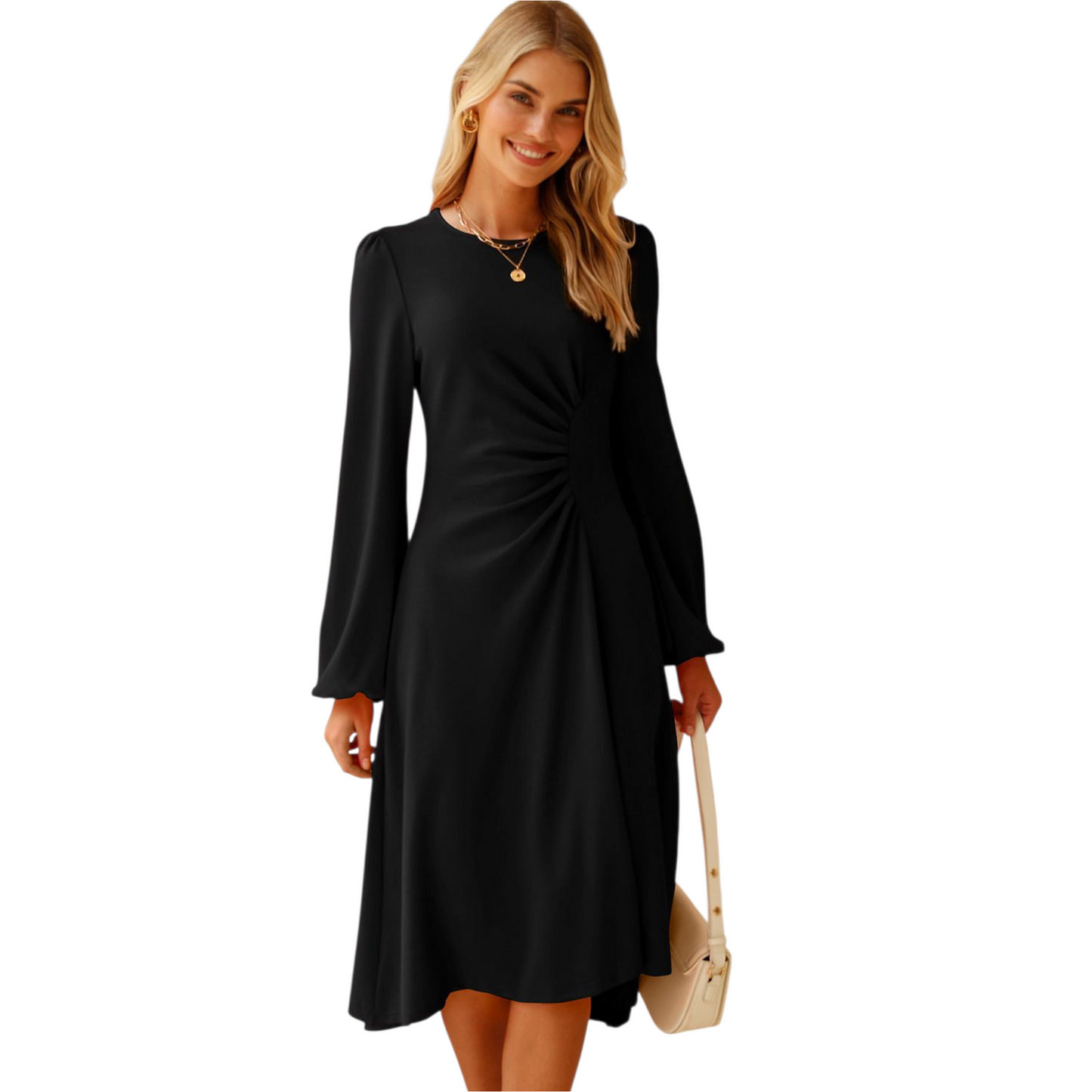 Woman wearing a black dress on a white background