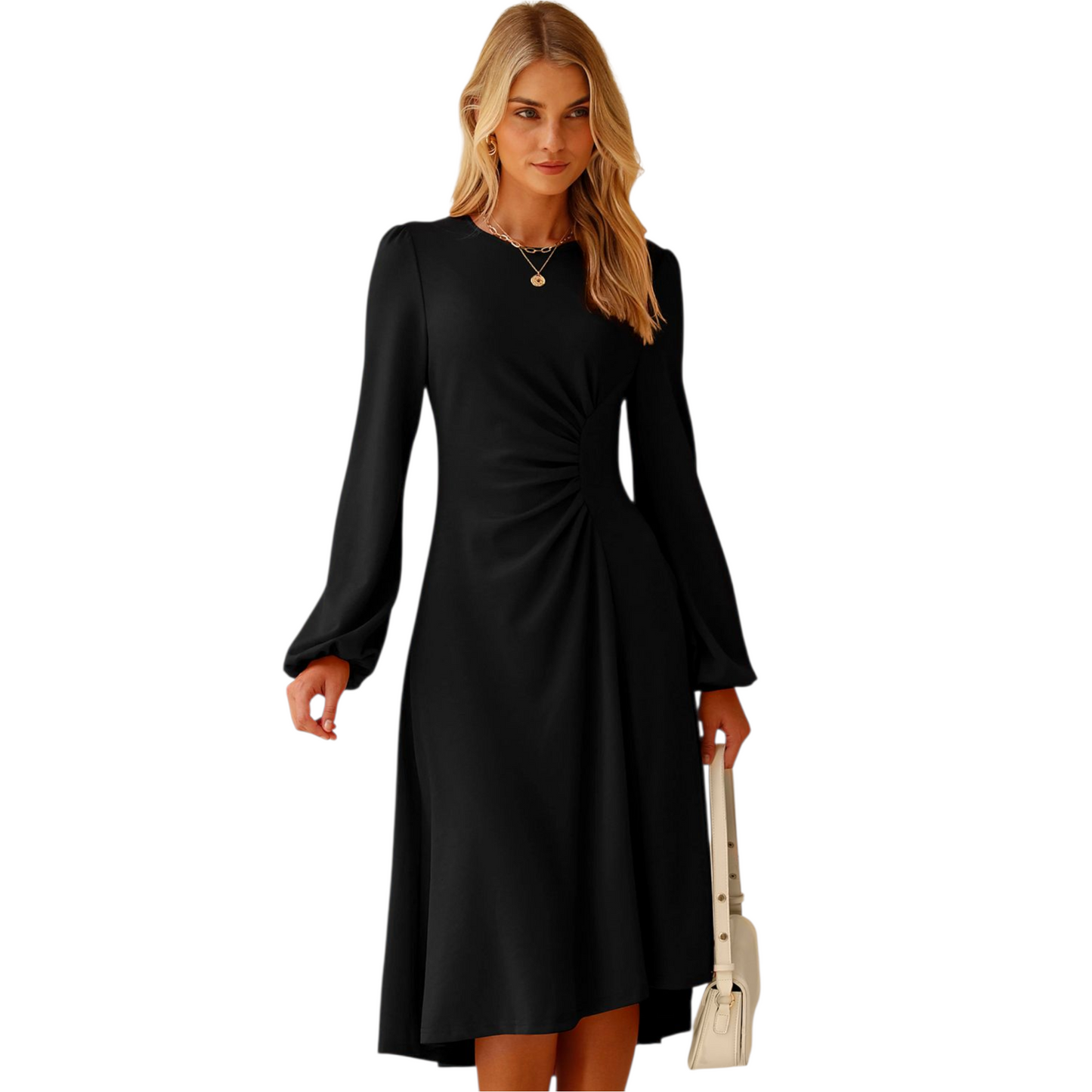 Woman wearing a black dress holding a beige handbag on a white background