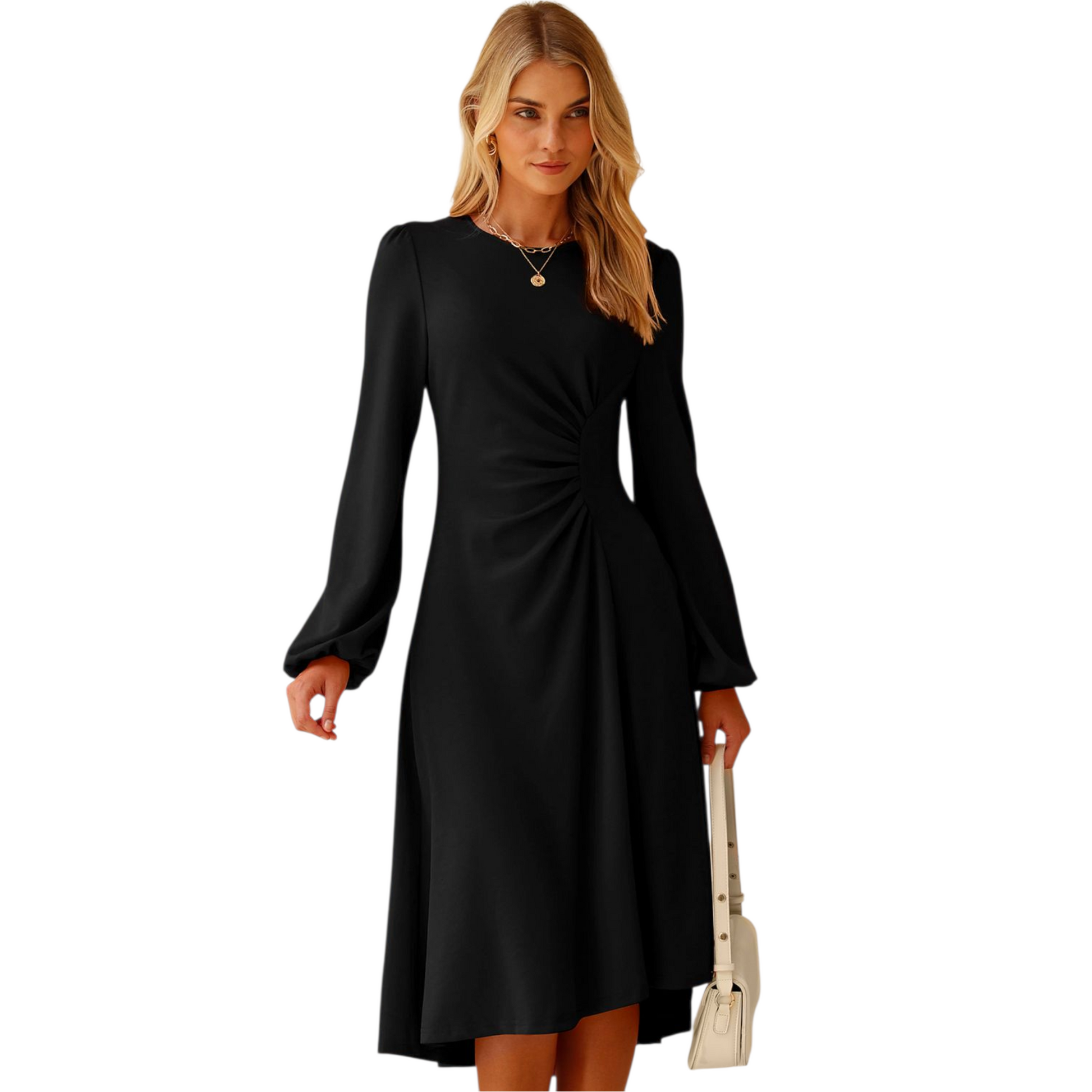 Woman wearing a black dress holding a beige handbag on a white background