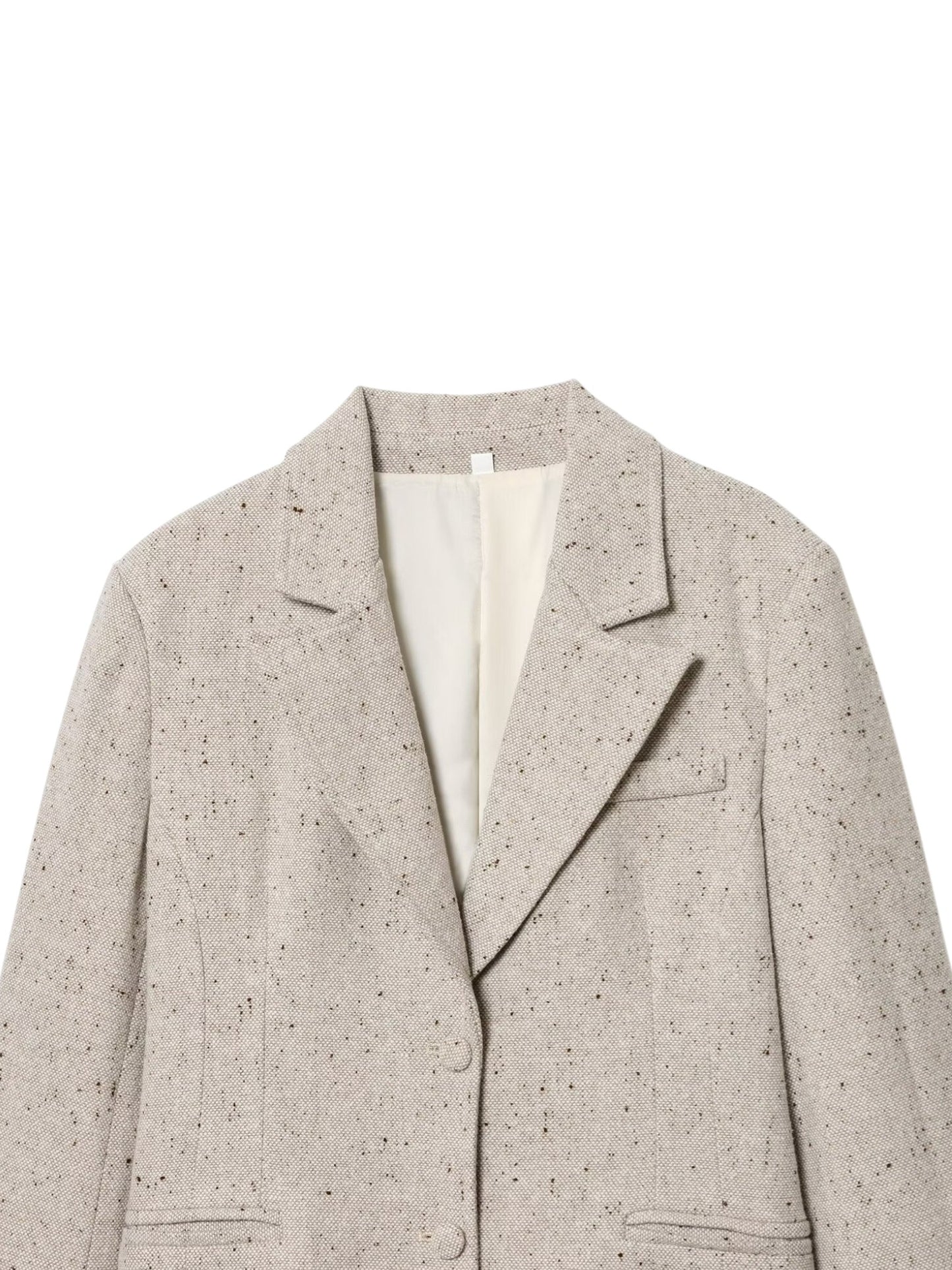 Light gray textured coat on a white background collar view