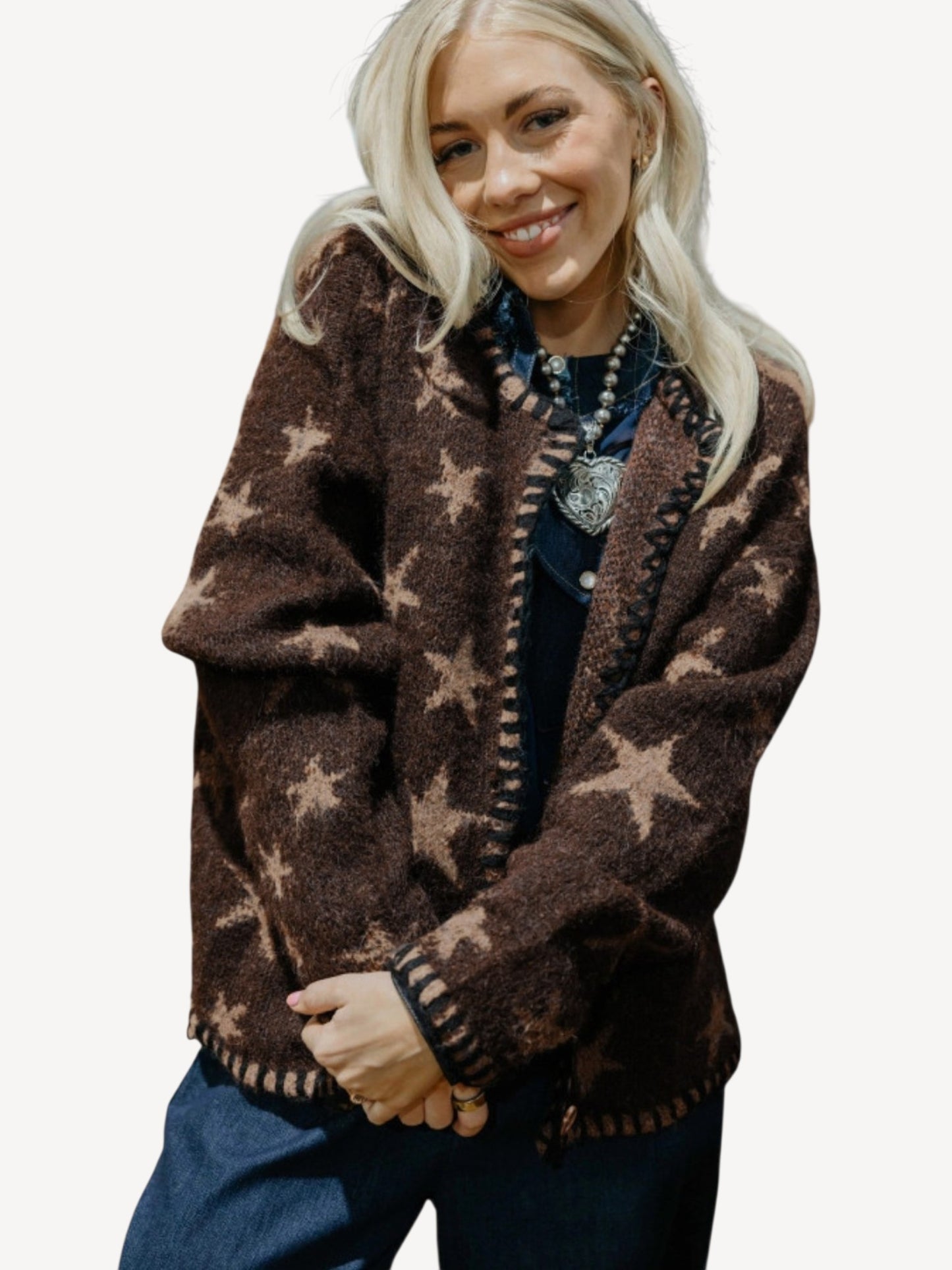 Star Print Whipstitch Cardigan