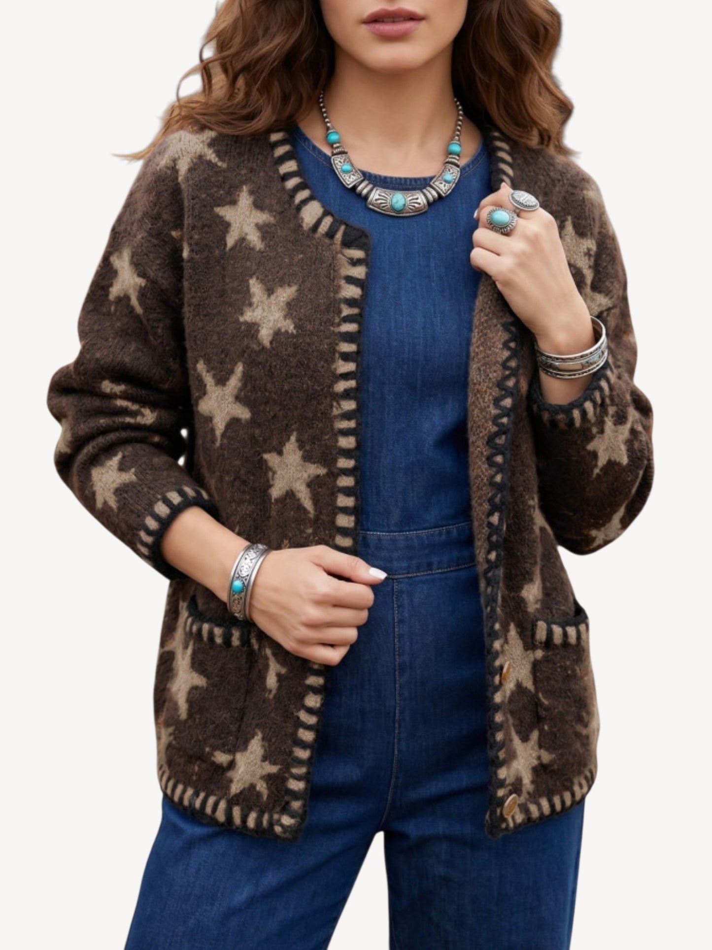 Star Print Whipstitch Cardigan front view
