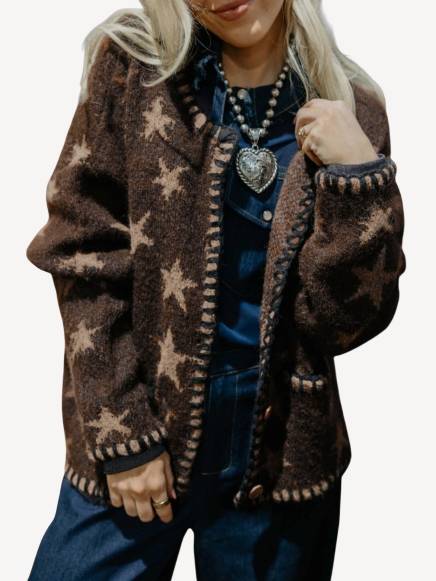 Star Print Whipstitch Cardigan