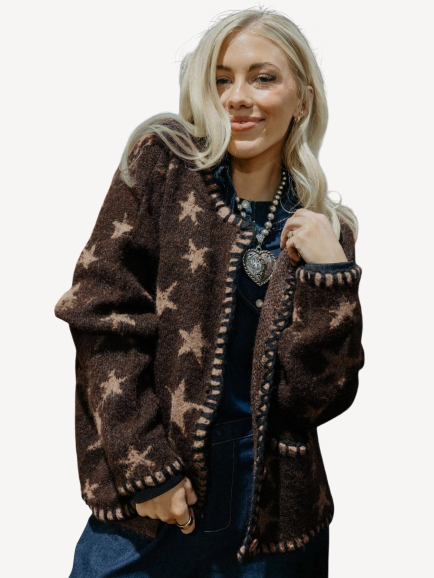 Star Print Whipstitch Cardigan